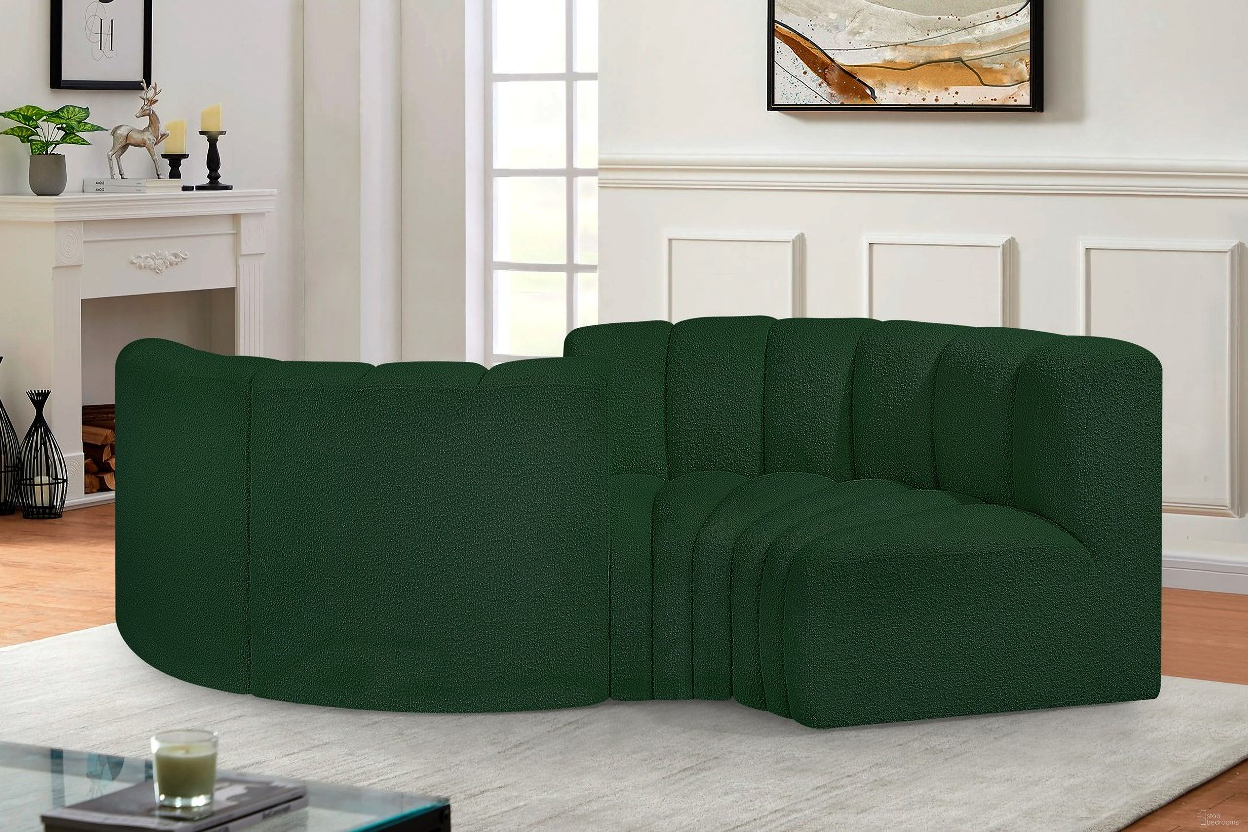 The appearance of Arc Boucle Fabric 4 Piece Modular Sofa In Green designed by Meridian in the modern / contemporary interior design. This green piece of furniture  was selected by 1StopBedrooms from Arc Collection to add a touch of cosiness and style into your home. Sku: 102Green-CC;102Green-CC;102Green-CC;102Green-CC. Material: Plywood. Layout: Modular.