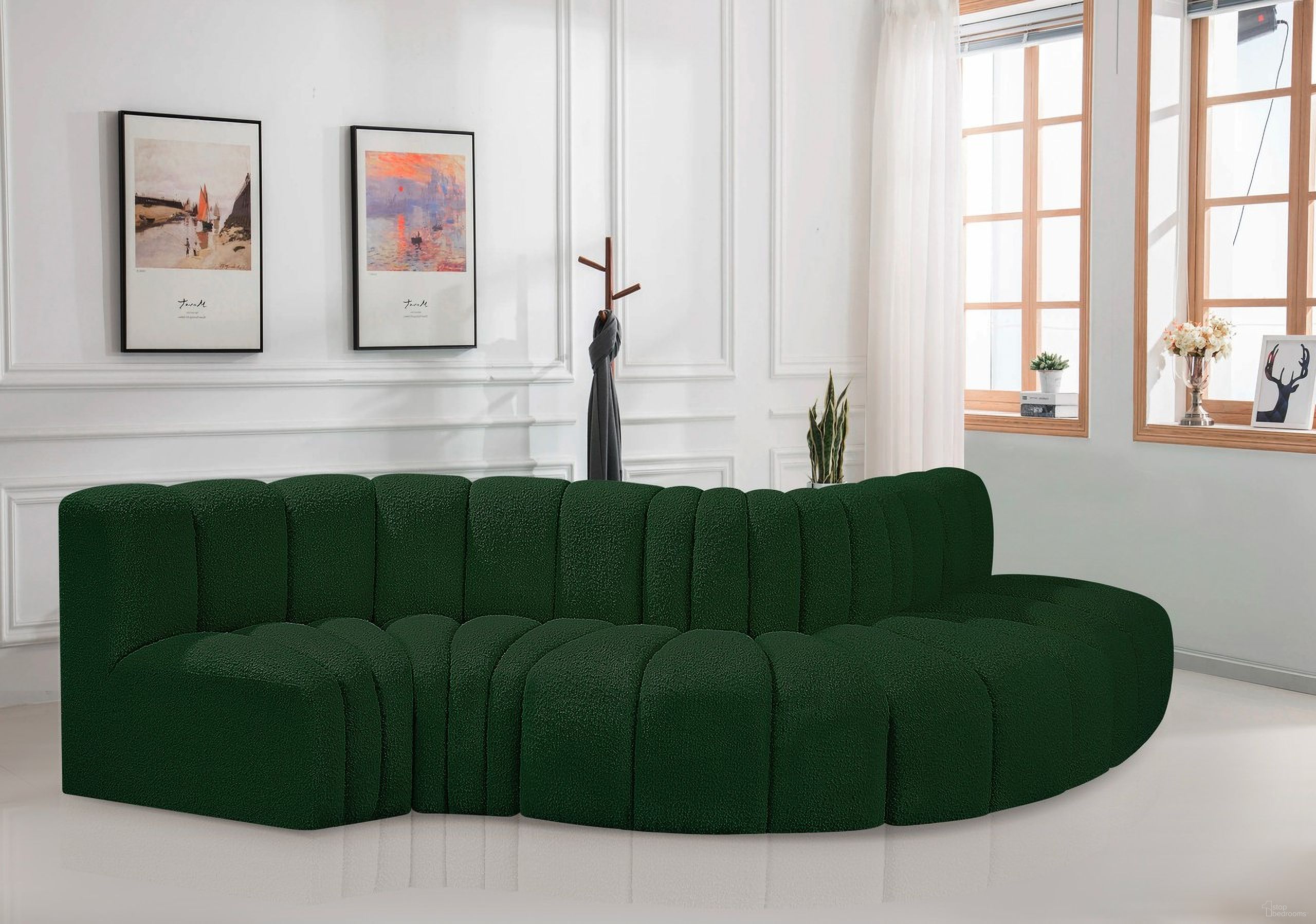 The appearance of Arc Boucle Fabric 5 Piece Modular Sofa In Green designed by Meridian in the modern / contemporary interior design. This green piece of furniture was selected by 1StopBedrooms from Arc Collection to add a touch of cosiness and style into your home. Sku: 102Green-ST;102Green-CC;102Green-CC;102Green-RC;102Green-RC. Material: Plywood. Layout: Modular.