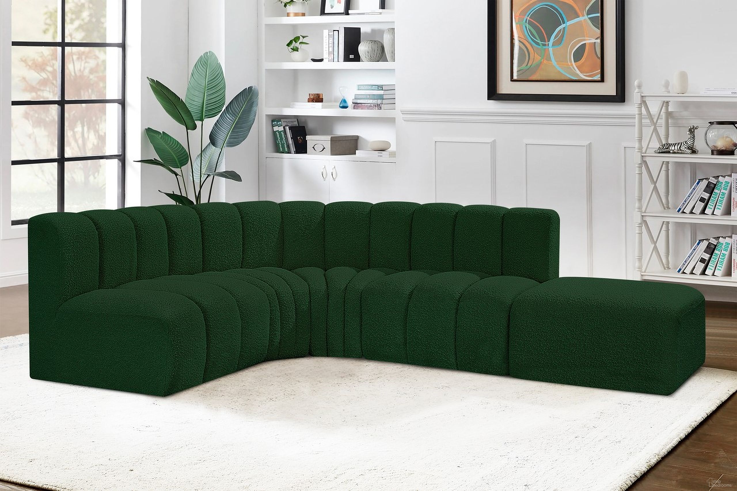 The appearance of Arc Boucle Fabric 5 Piece Modular Sofa In Green designed by Meridian in the modern / contemporary interior design. This green piece of furniture was selected by 1StopBedrooms from Arc Collection to add a touch of cosiness and style into your home. Sku: 102Green-ST;102Green-ST;102Green-CC;102Green-CC;102Green-Ott. Material: Plywood. Layout: Modular.