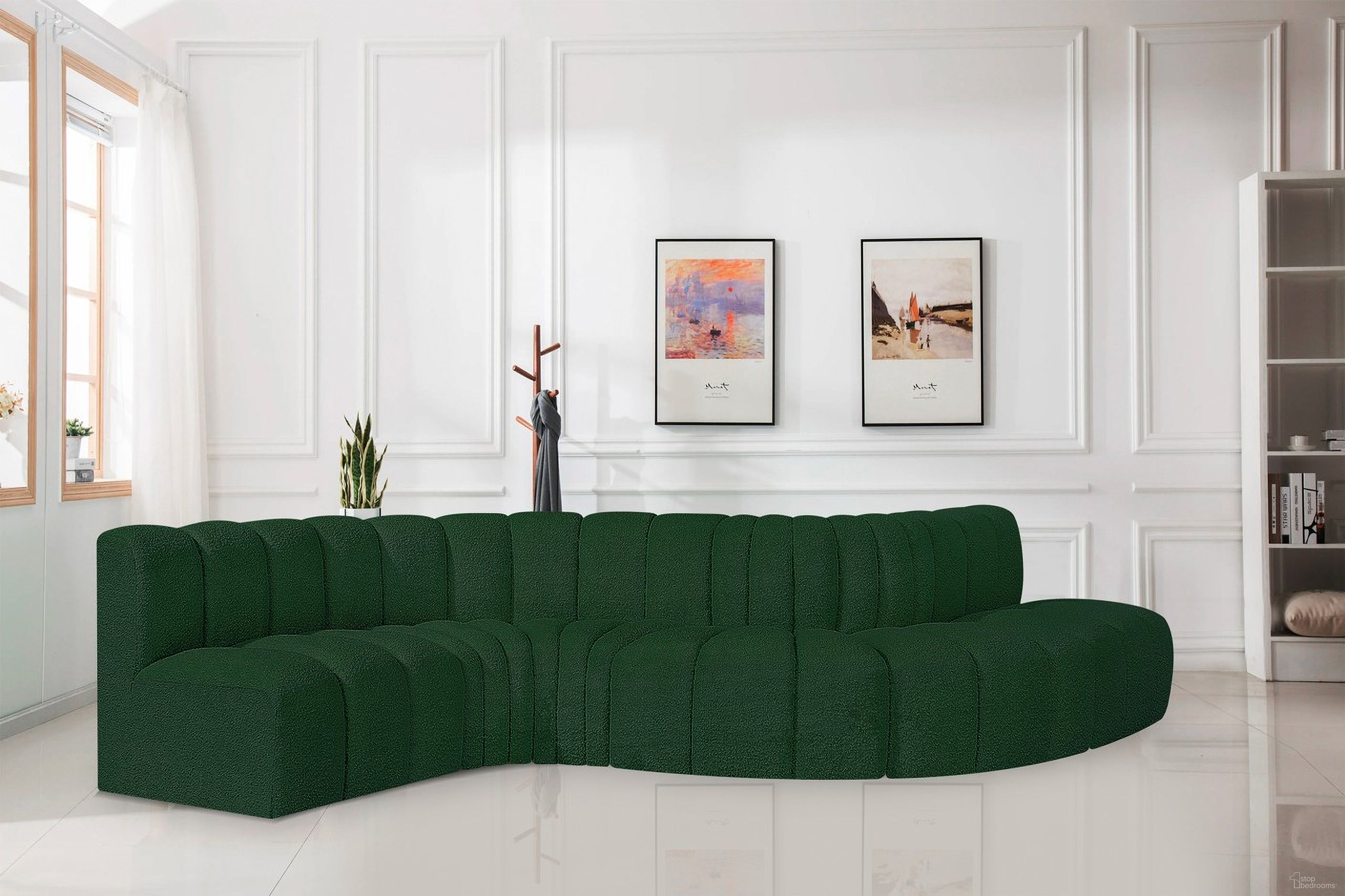 The appearance of Arc Boucle Fabric 6 Piece Modular Sofa In Green designed by Meridian in the modern / contemporary interior design. This green piece of furniture was selected by 1StopBedrooms from Arc Collection to add a touch of cosiness and style into your home. Sku: 102Green-ST;102Green-ST;102Green-CC;102Green-CC;102Green-RC;102Green-RC. Material: Plywood. Layout: Modular.