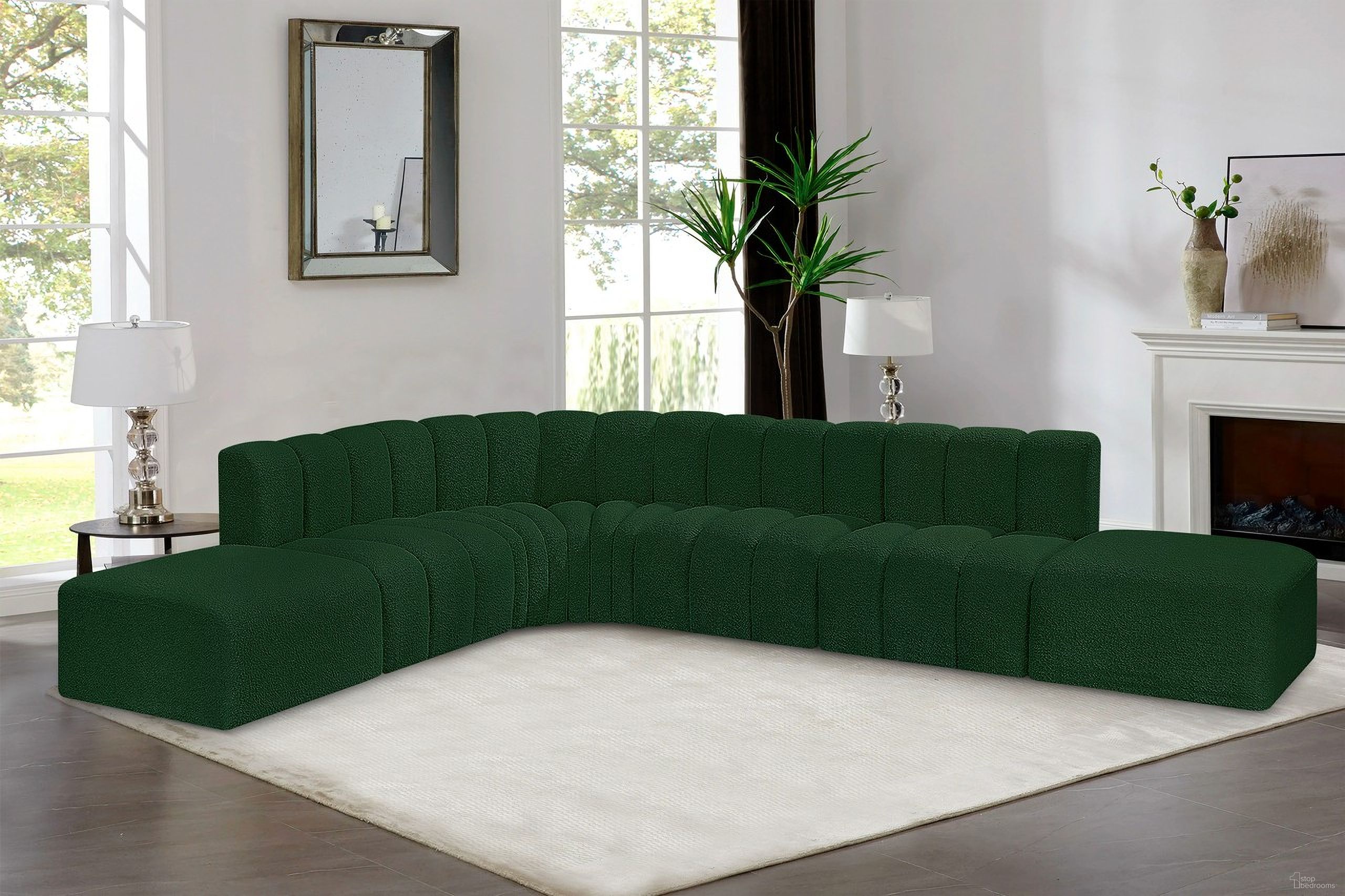 Arc Boucle Fabric 7 Piece Modular Sofa In Green