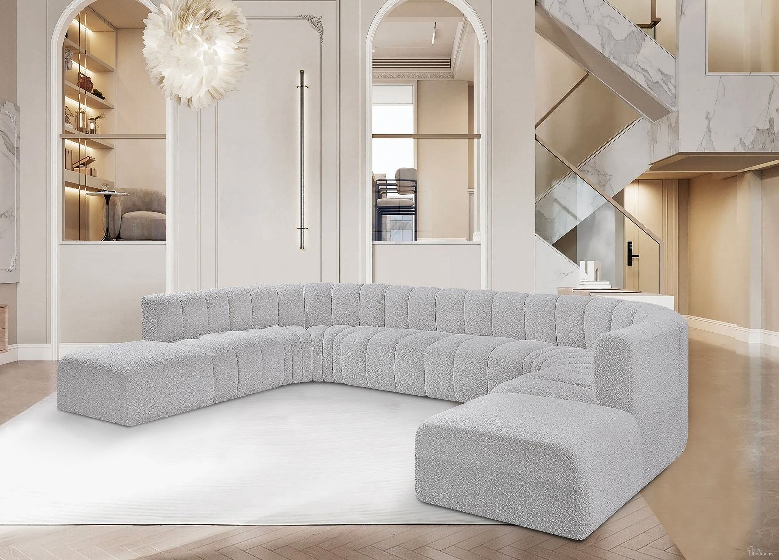 The appearance of Arc Boucle Fabric 10 Piece Modular Sofa In Grey designed by Meridian in the modern / contemporary interior design. This grey piece of furniture was selected by 1StopBedrooms from Arc Collection to add a touch of cosiness and style into your home. Sku: 102Grey-ST;102Grey-ST;102Grey-ST;102Grey-ST;102Grey-CC;102Grey-CC;102Grey-CC;102Grey-CC;102Grey-Ott;102Grey-Ott. Material: Plywood. Layout: Modular.