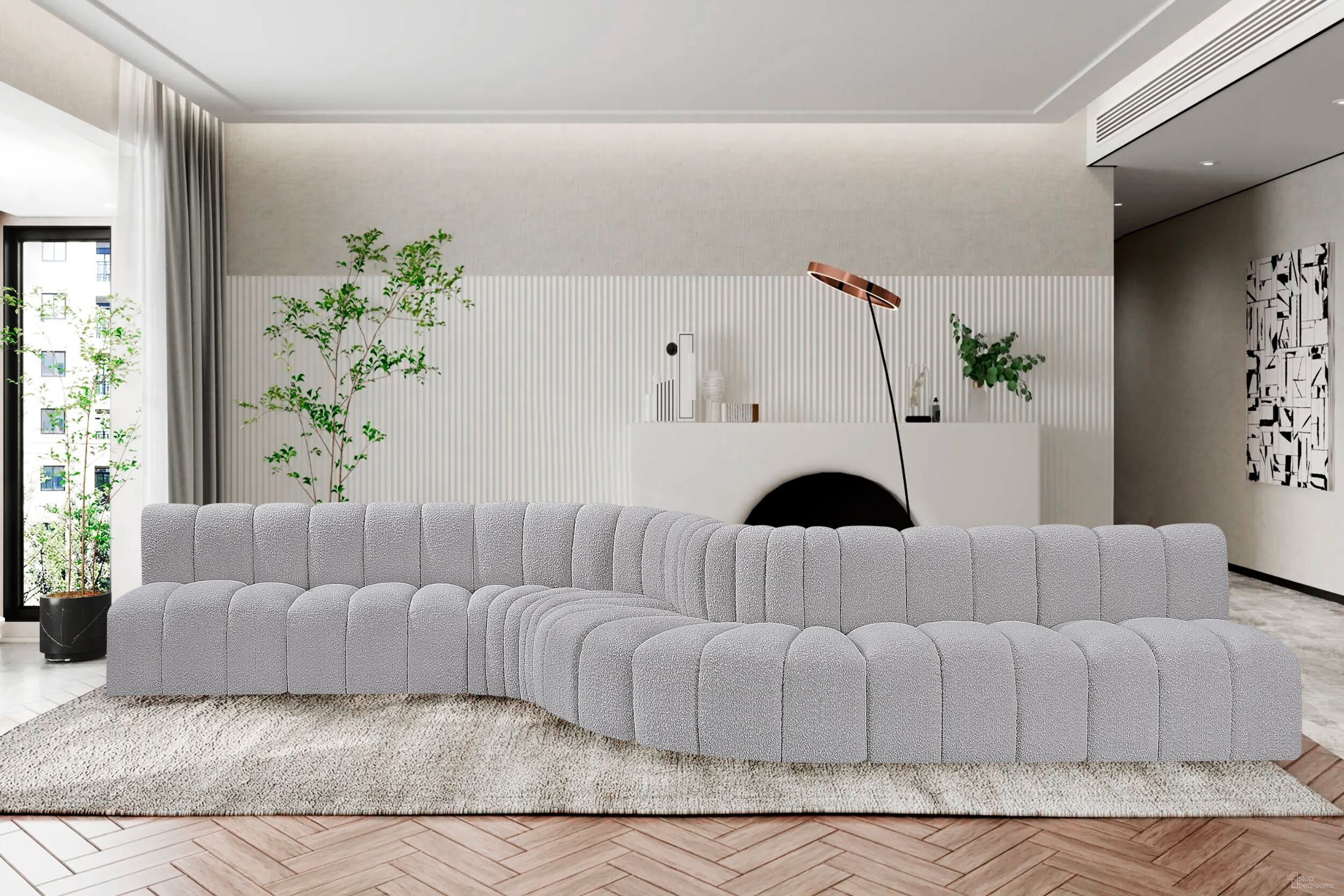The appearance of Arc Boucle Fabric 8 Piece Modular Sofa In Grey designed by Meridian in the modern / contemporary interior design. This grey piece of furniture  was selected by 1StopBedrooms from Arc Collection to add a touch of cosiness and style into your home. Sku: 102Grey-ST;102Grey-ST;102Grey-ST;102Grey-ST;102Grey-CC;102Grey-CC;102Grey-RC;102Grey-RC. Material: Plywood. Layout: Modular.