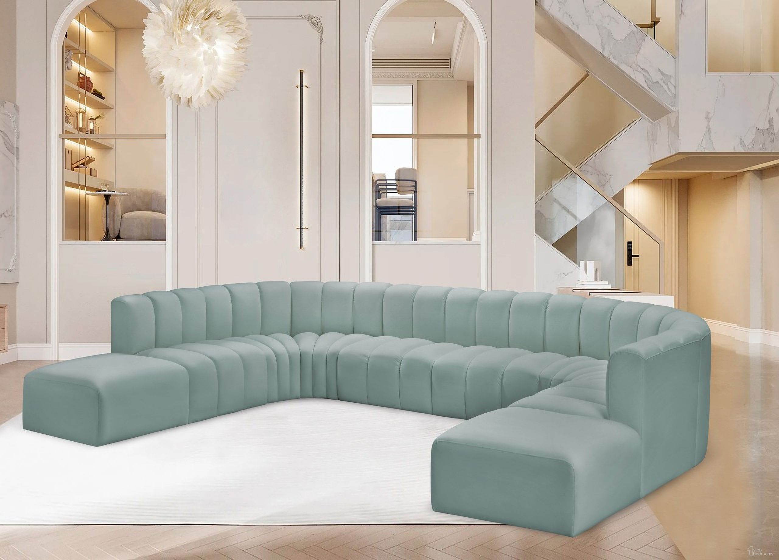 The appearance of Arc Mint Vegan Leather 10 Piece Modular Sofa In Green designed by Meridian in the modern / contemporary interior design. This mint piece of furniture was selected by 1StopBedrooms from Arc Collection to add a touch of cosiness and style into your home. Sku: 101Mint-ST;101Mint-ST;101Mint-ST;101Mint-ST;101Mint-CC;101Mint-CC;101Mint-CC;101Mint-CC;101Mint-Ott;101Mint-Ott. Material: Leather. Layout: Modular.