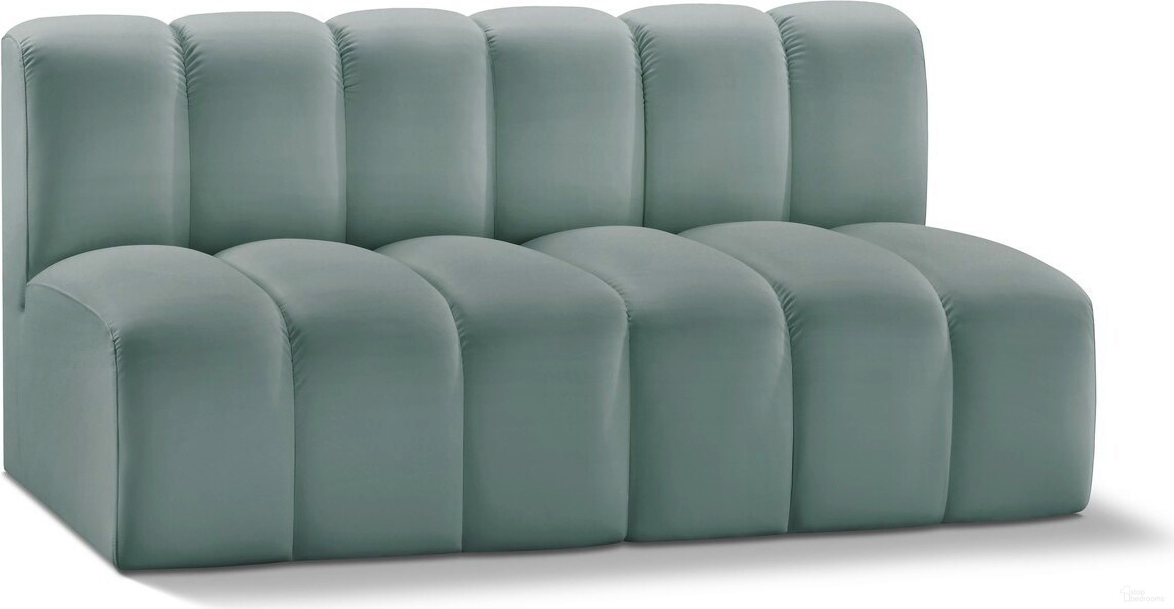 The appearance of Arc Mint Vegan Leather 2 Seater Modular Sofa In Green designed by Meridian in the modern / contemporary interior design. This mint piece of furniture  was selected by 1StopBedrooms from Arc Collection to add a touch of cosiness and style into your home. Sku: 101Mint-ST;101Mint-ST. Material: Plywood.