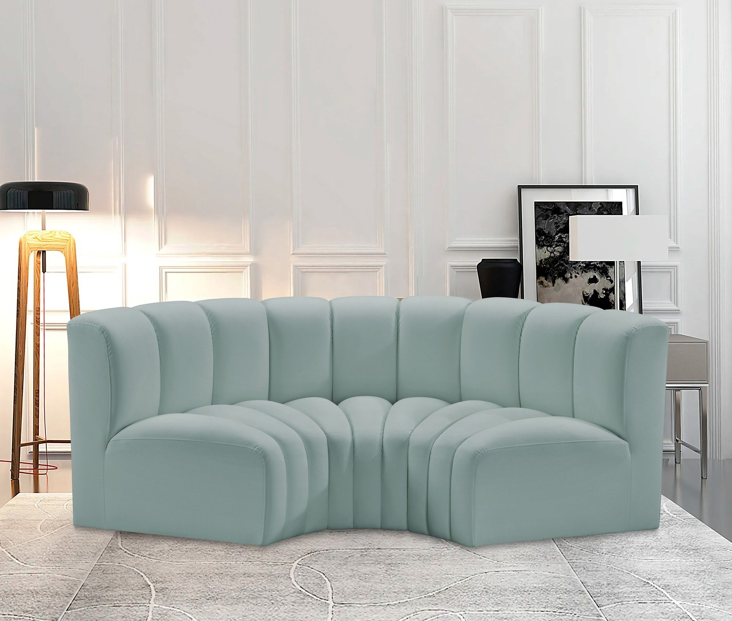 The appearance of Arc Mint Vegan Leather 3 Piece Modular Sofa In Green designed by Meridian in the modern / contemporary interior design. This mint piece of furniture was selected by 1StopBedrooms from Arc Collection to add a touch of cosiness and style into your home. Sku: 101Mint-CC;101Mint-CC;101Mint-CC. Material: Leather. Layout: Modular.