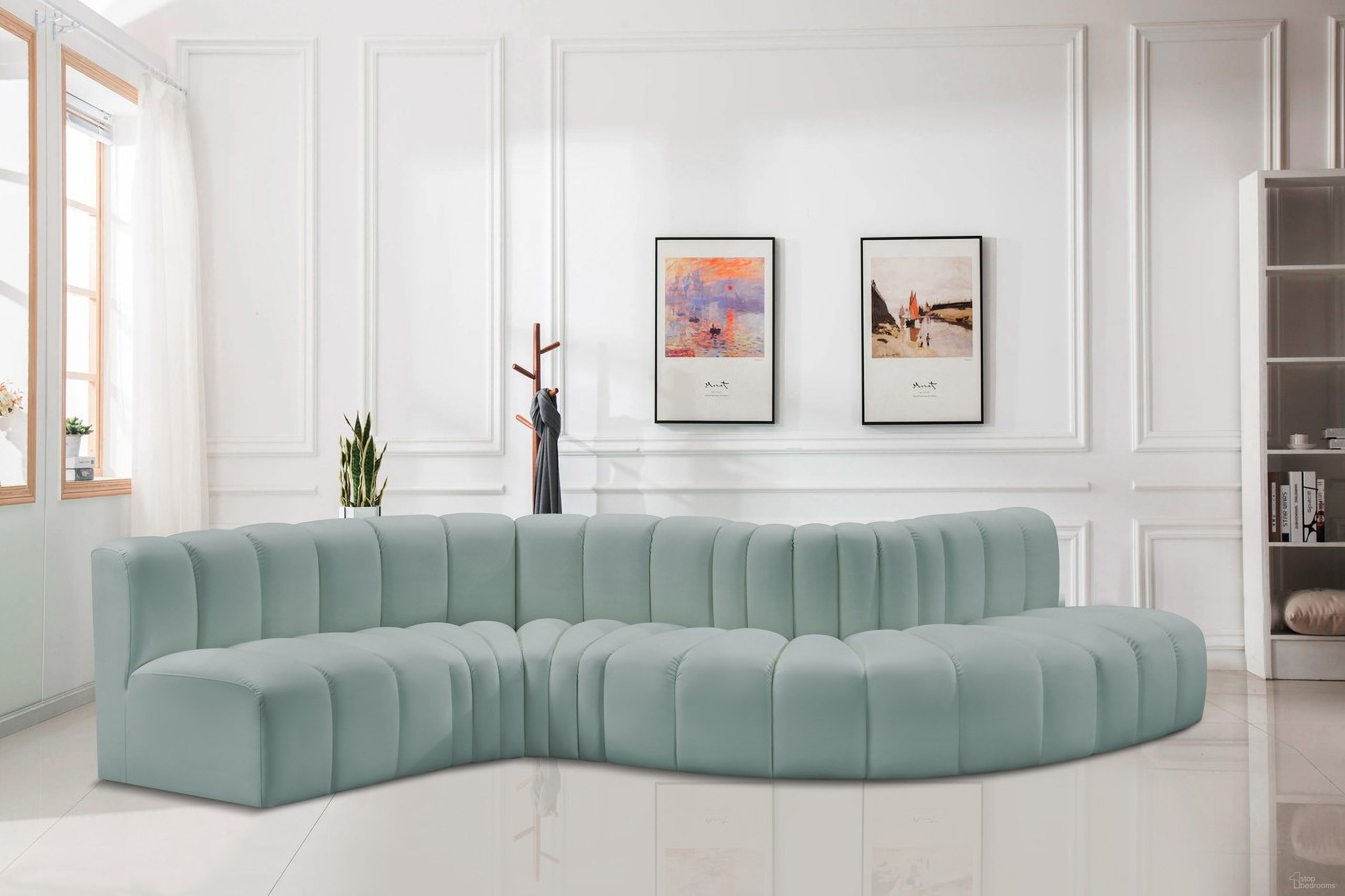 The appearance of Arc Mint Vegan Leather 6 Piece Modular Sofa In Green designed by Meridian in the modern / contemporary interior design. This mint piece of furniture  was selected by 1StopBedrooms from Arc Collection to add a touch of cosiness and style into your home. Sku: 101Mint-ST;101Mint-ST;101Mint-CC;101Mint-CC;101Mint-RC;101Mint-RC. Material: Leather. Layout: Modular.