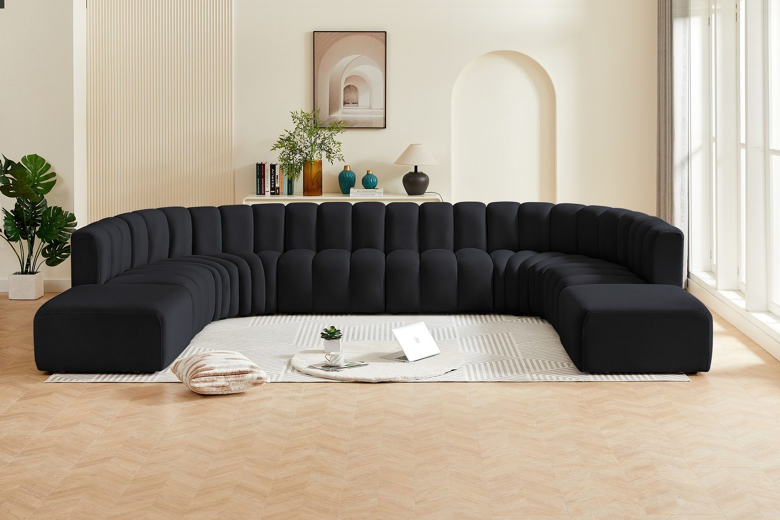 The appearance of Arc 10 Piece Modular Sofa In Black Velvet designed by Meridian in the modern / contemporary interior design. This black velvet piece of furniture  was selected by 1StopBedrooms from Arc Collection to add a touch of cosiness and style into your home. Sku: 103Black-ST;103Black-ST;103Black-ST;103Black-ST;103Black-CC;103Black-CC;103Black-CC;103Black-CC;103Black-Ott;103Black-Ott. Material: Velvet. Layout: Modular.