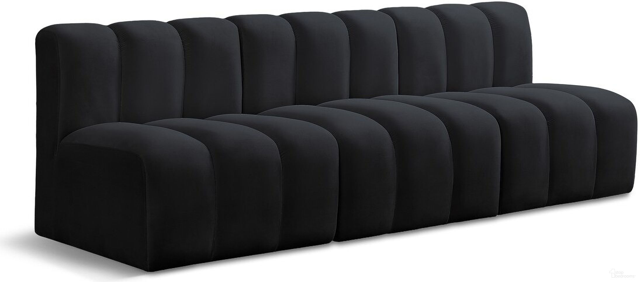 The appearance of Arc 3 Seater Modular Sofa In Black Velvet designed by Meridian in the modern / contemporary interior design. This black velvet piece of furniture  was selected by 1StopBedrooms from Arc Collection to add a touch of cosiness and style into your home. Sku: 103Black-ST;103Black-ST;103Black-ST. Material: Plywood.