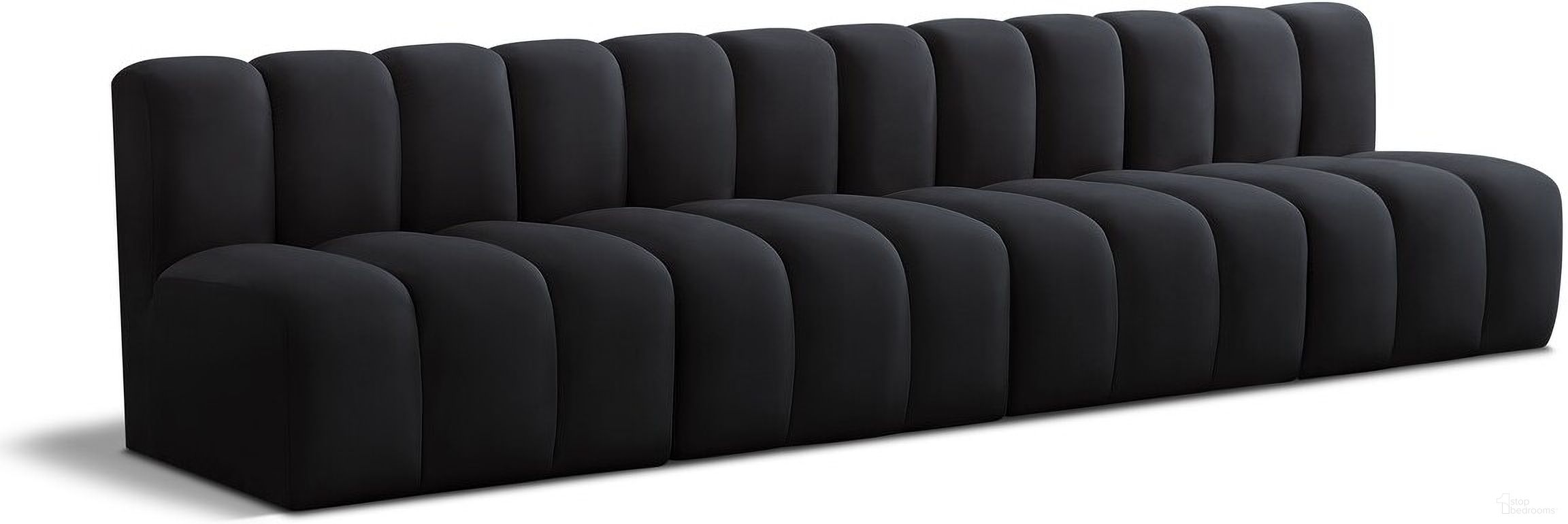The appearance of Arc 4 Seater Modular Sofa In Black Velvet designed by Meridian in the modern / contemporary interior design. This black velvet piece of furniture was selected by 1StopBedrooms from Arc Collection to add a touch of cosiness and style into your home. Sku: 103Black-ST;103Black-ST;103Black-ST;103Black-ST. Material: Velvet.
