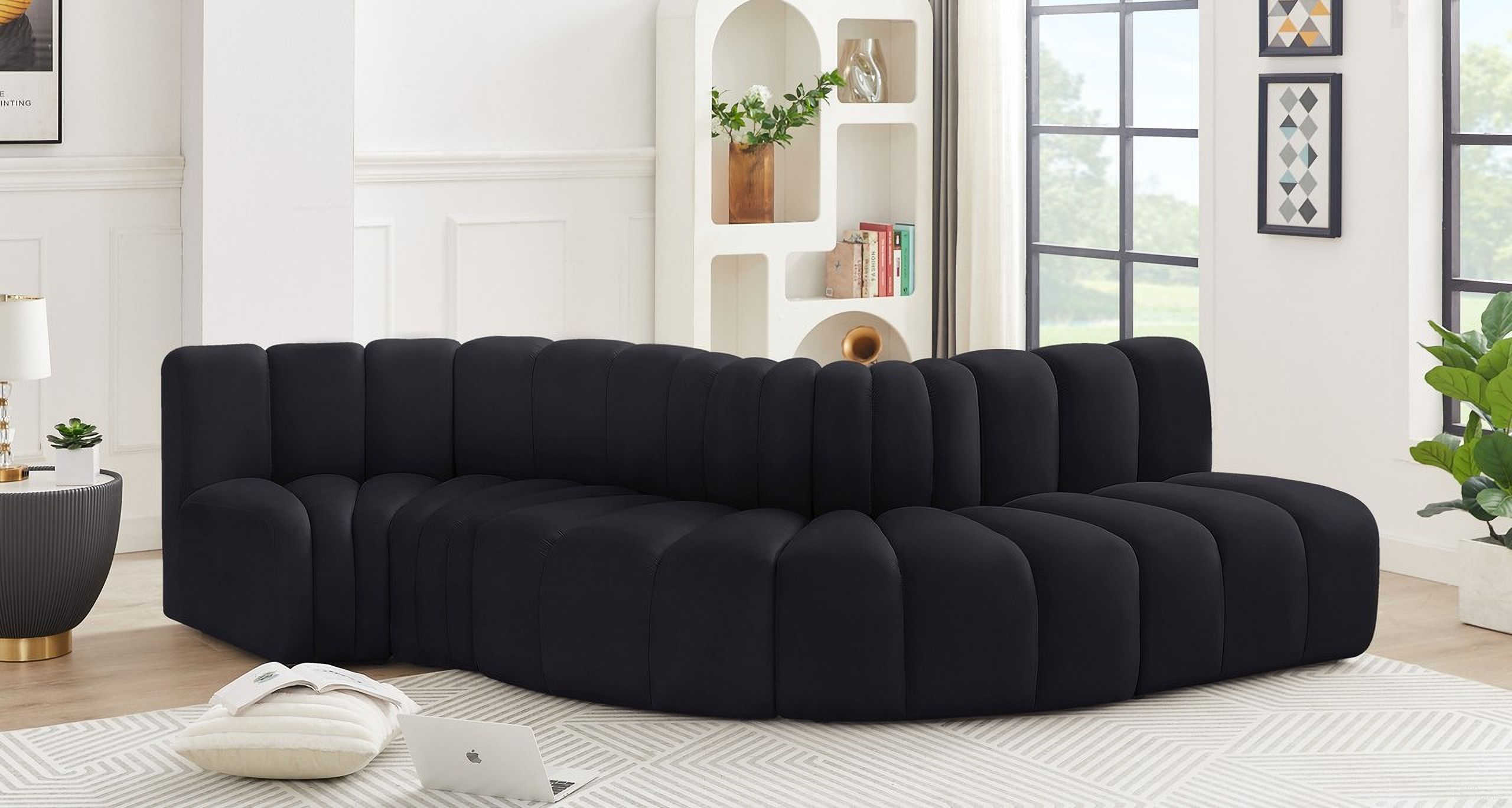 The appearance of Arc 5 Piece Modular Sofa In Black Velvet designed by Meridian in the modern / contemporary interior design. This black velvet piece of furniture  was selected by 1StopBedrooms from Arc Collection to add a touch of cosiness and style into your home. Sku: 103Black-ST;103Black-CC;103Black-CC;103Black-RC;103Black-RC. Material: Velvet. Layout: Modular.