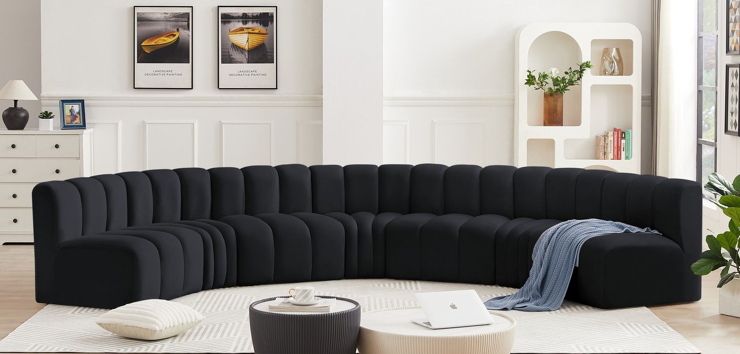 The appearance of Arc 7 Piece Modular Sofa In Black Velvet designed by Meridian in the modern / contemporary interior design. This black velvet piece of furniture  was selected by 1StopBedrooms from Arc Collection to add a touch of cosiness and style into your home. Sku: 103Black-ST;103Black-ST;103Black-ST;103Black-ST;103Black-CC;103Black-CC;103Black-CC. Material: Velvet. Layout: Modular.