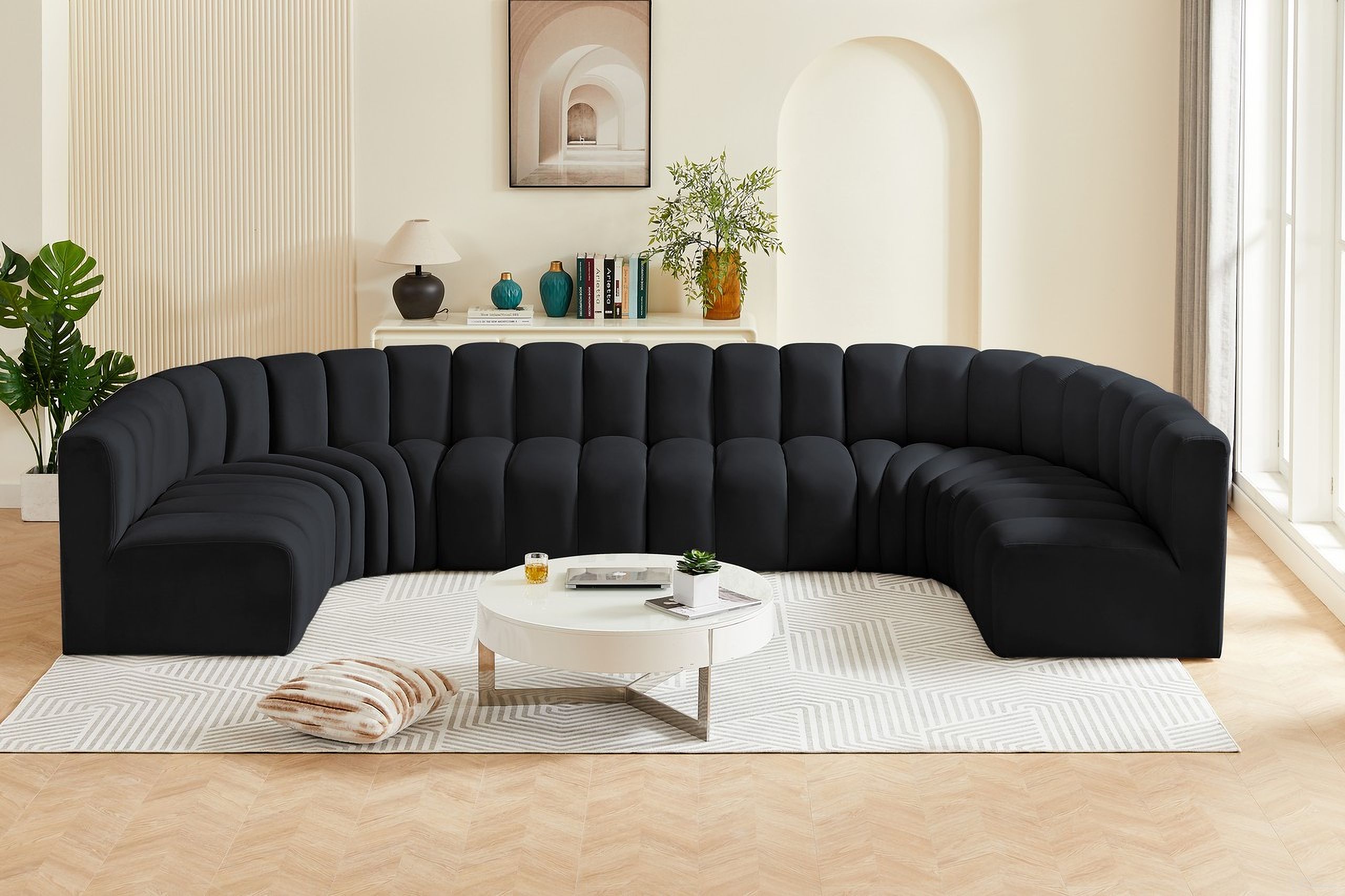 The appearance of Arc 8 Piece Modular Sofa In Black Velvet designed by Meridian in the modern / contemporary interior design. This black velvet piece of furniture  was selected by 1StopBedrooms from Arc Collection to add a touch of cosiness and style into your home. Sku: 103Black-ST;103Black-ST;103Black-ST;103Black-ST;103Black-CC;103Black-CC;103Black-CC;103Black-CC. Material: Velvet. Layout: Modular.