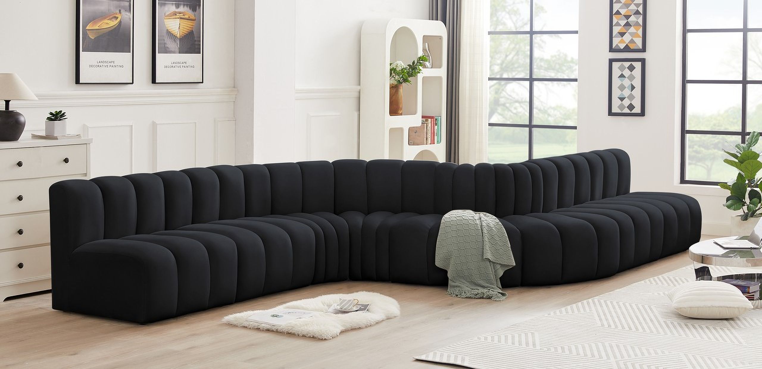 The appearance of Arc 8 Piece Modular Sofa In Black Velvet designed by Meridian in the modern / contemporary interior design. This black velvet piece of furniture  was selected by 1StopBedrooms from Arc Collection to add a touch of cosiness and style into your home. Sku: 103Black-ST;103Black-ST;103Black-ST;103Black-ST;103Black-CC;103Black-CC;103Black-RC;103Black-RC. Material: Velvet. Layout: Modular.