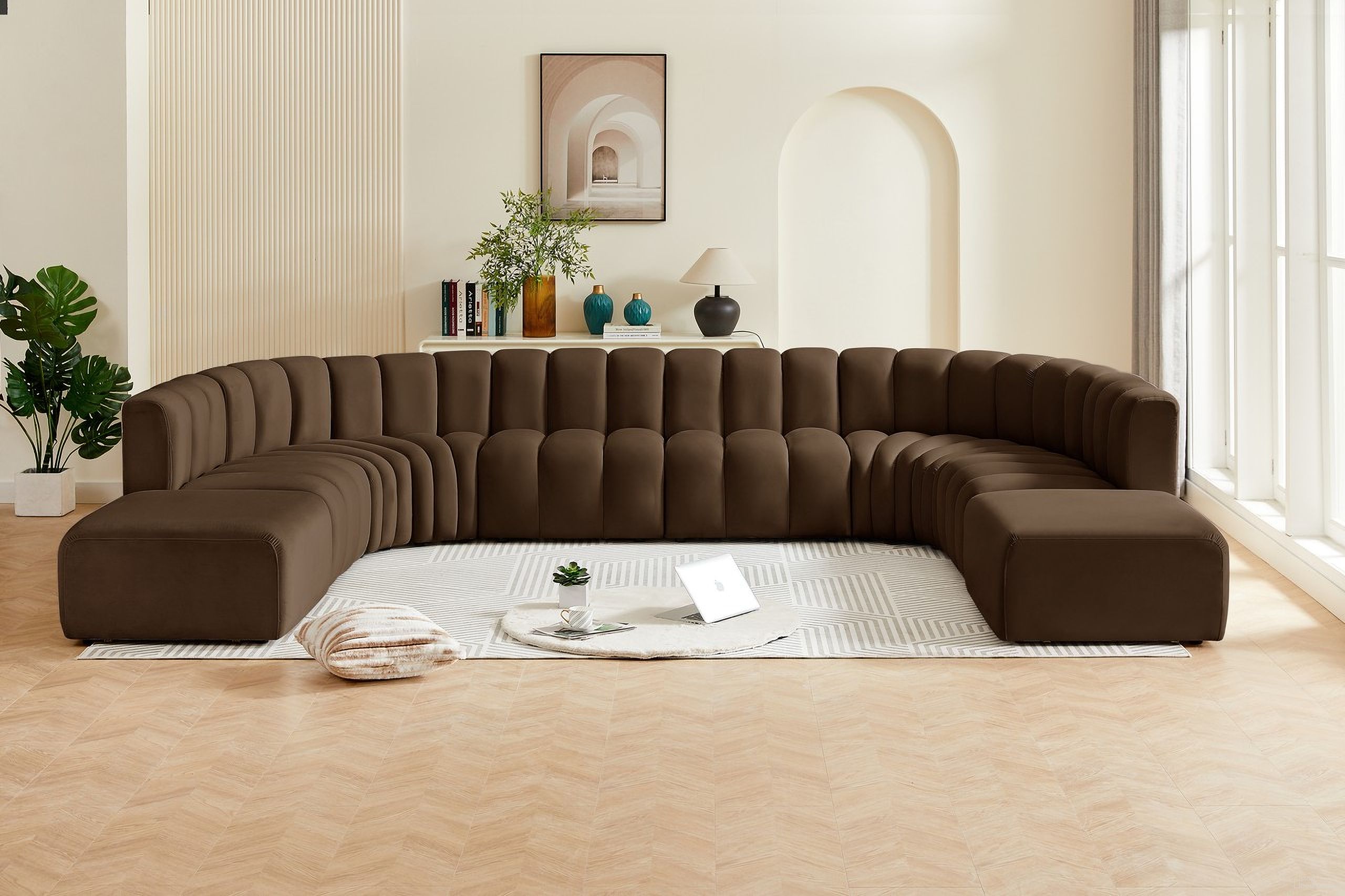The appearance of Arc 10 Piece Modular Sofa In Brown Velvet designed by Meridian in the modern / contemporary interior design. This brown velvet piece of furniture  was selected by 1StopBedrooms from Arc Collection to add a touch of cosiness and style into your home. Sku: 103Brown-ST;103Brown-ST;103Brown-ST;103Brown-ST;103Brown-CC;103Brown-CC;103Brown-CC;103Brown-CC;103Brown-Ott;103Brown-Ott. Material: Velvet. Layout: Modular.