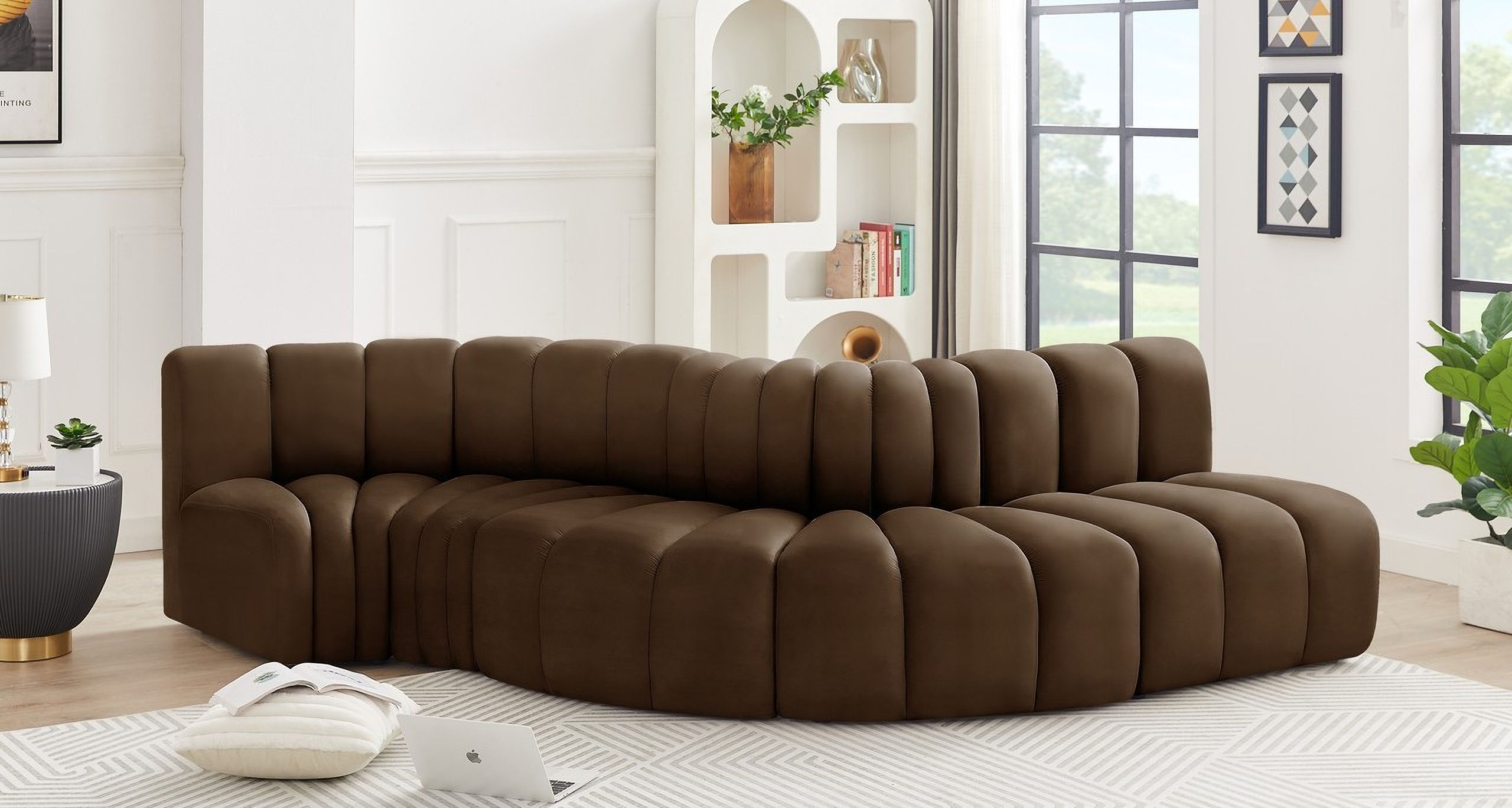Arc 5 Piece Modular Sofa In Brown Velvet