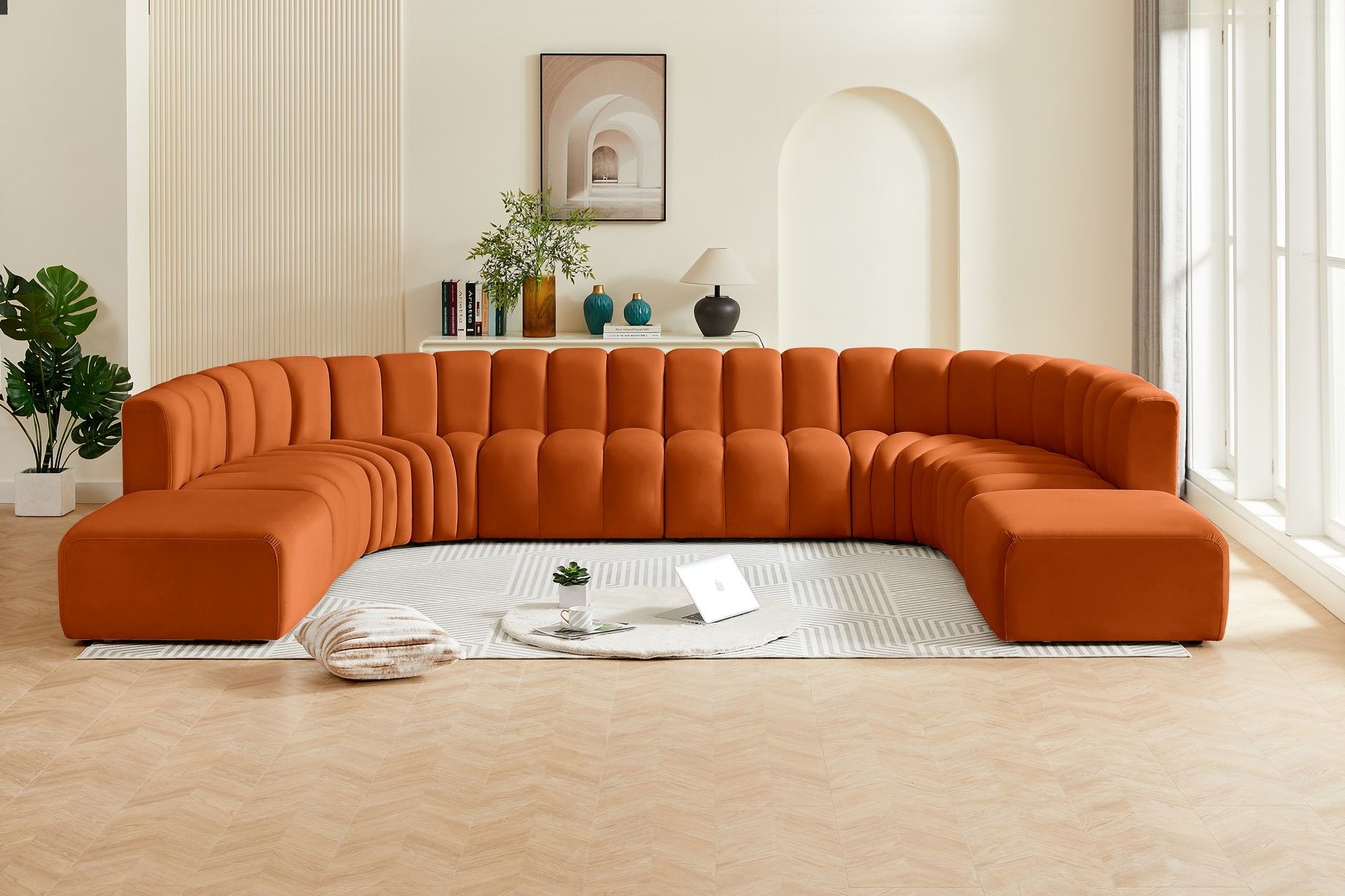 The appearance of Arc 10 Piece Modular Sofa In Cognac Velvet designed by Meridian in the modern / contemporary interior design. This cognac velvet piece of furniture  was selected by 1StopBedrooms from Arc Collection to add a touch of cosiness and style into your home. Sku: 103Cognac-ST;103Cognac-ST;103Cognac-ST;103Cognac-ST;103Cognac-CC;103Cognac-CC;103Cognac-CC;103Cognac-CC;103Cognac-Ott;103Cognac-Ott. Material: Velvet. Layout: Modular.