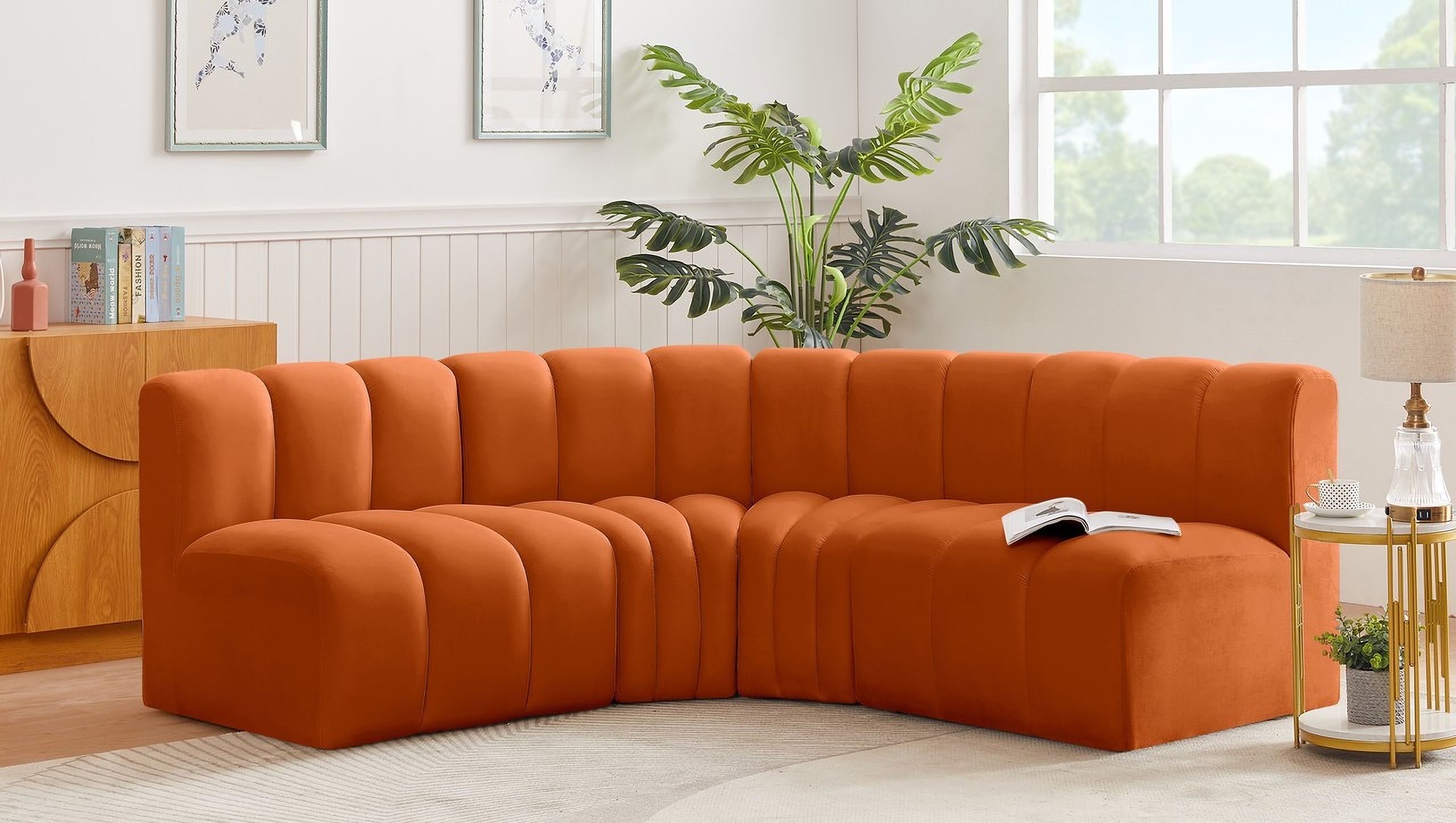 The appearance of Arc 4 Piece Modular Sofa In Cognac Velvet designed by Meridian in the modern / contemporary interior design. This cognac velvet piece of furniture  was selected by 1StopBedrooms from Arc Collection to add a touch of cosiness and style into your home. Sku: 103Cognac-ST;103Cognac-ST;103Cognac-CC;103Cognac-CC. Material: Velvet. Layout: Modular.
