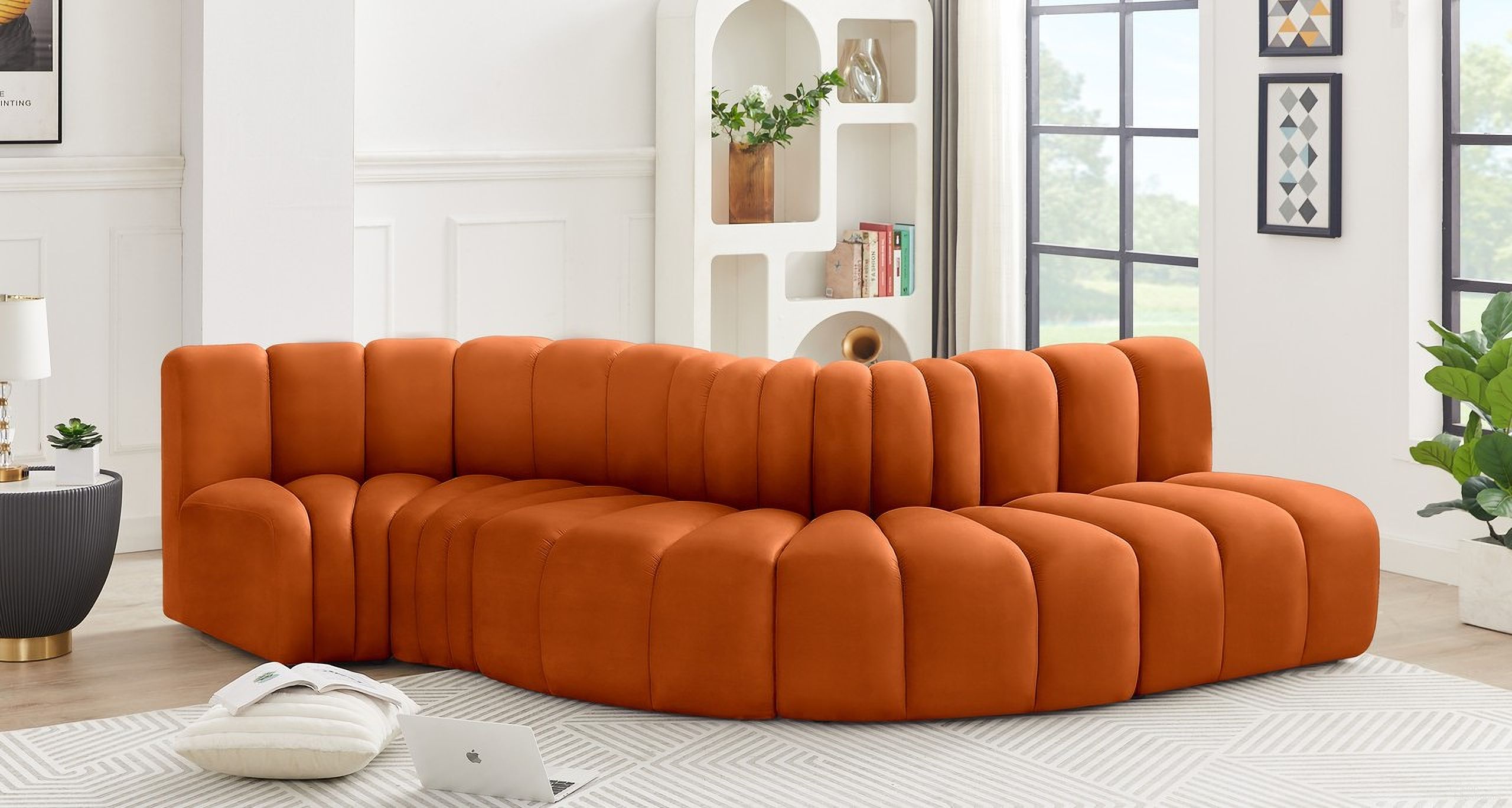 The appearance of Arc 5 Piece Modular Sofa In Cognac Velvet designed by Meridian in the modern / contemporary interior design. This cognac velvet piece of furniture was selected by 1StopBedrooms from Arc Collection to add a touch of cosiness and style into your home. Sku: 103Cognac-ST;103Cognac-CC;103Cognac-CC;103Cognac-RC;103Cognac-RC. Material: Velvet. Layout: Modular.