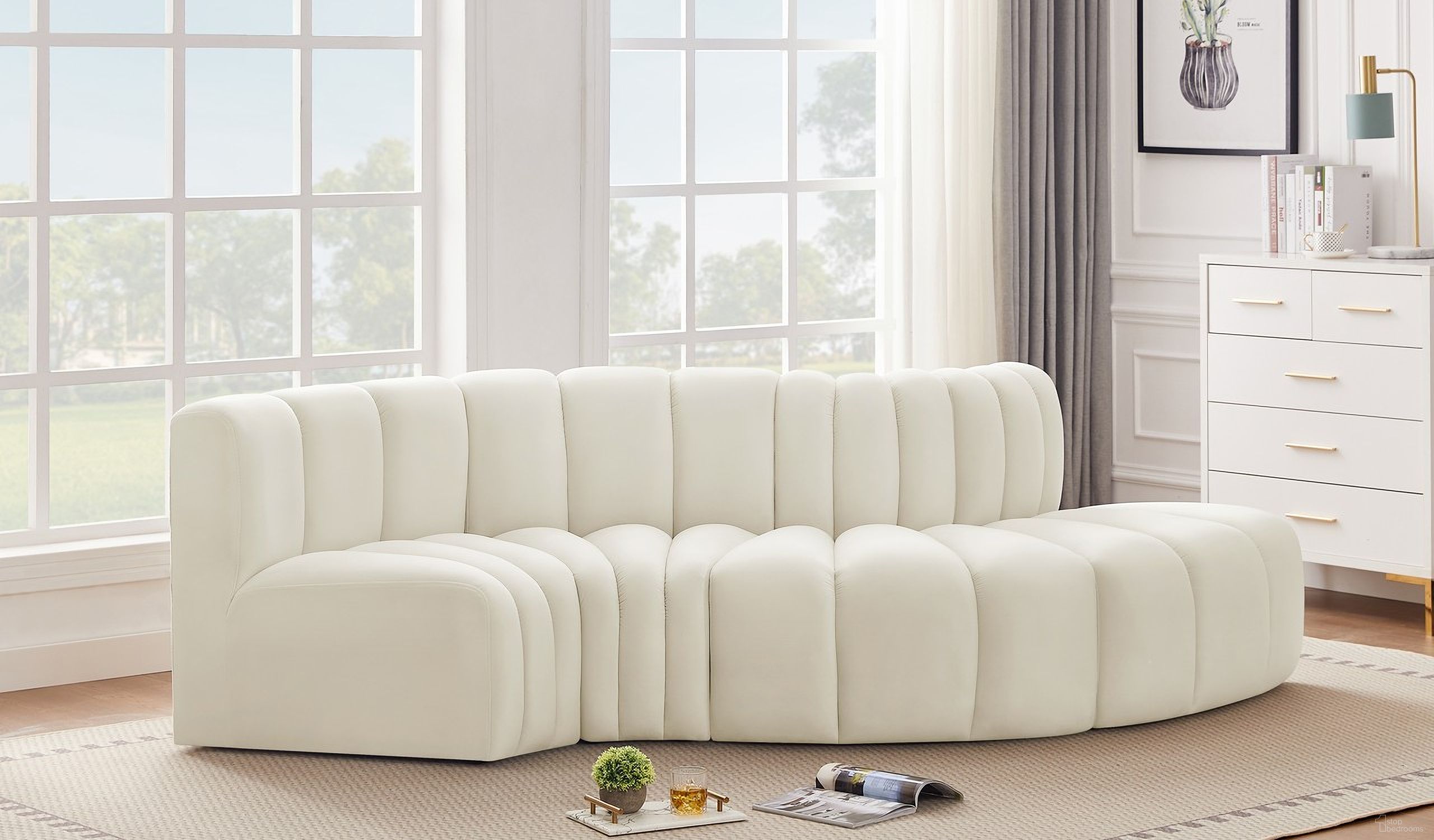 The appearance of Arc 4 Piece Modular Sofa In Cream Velvet designed by Meridian in the modern / contemporary interior design. This cream velvet piece of furniture was selected by 1StopBedrooms from Arc Collection to add a touch of cosiness and style into your home. Sku: 103Cream-CC;103Cream-CC;103Cream-RC;103Cream-RC. Material: Velvet. Layout: Modular.