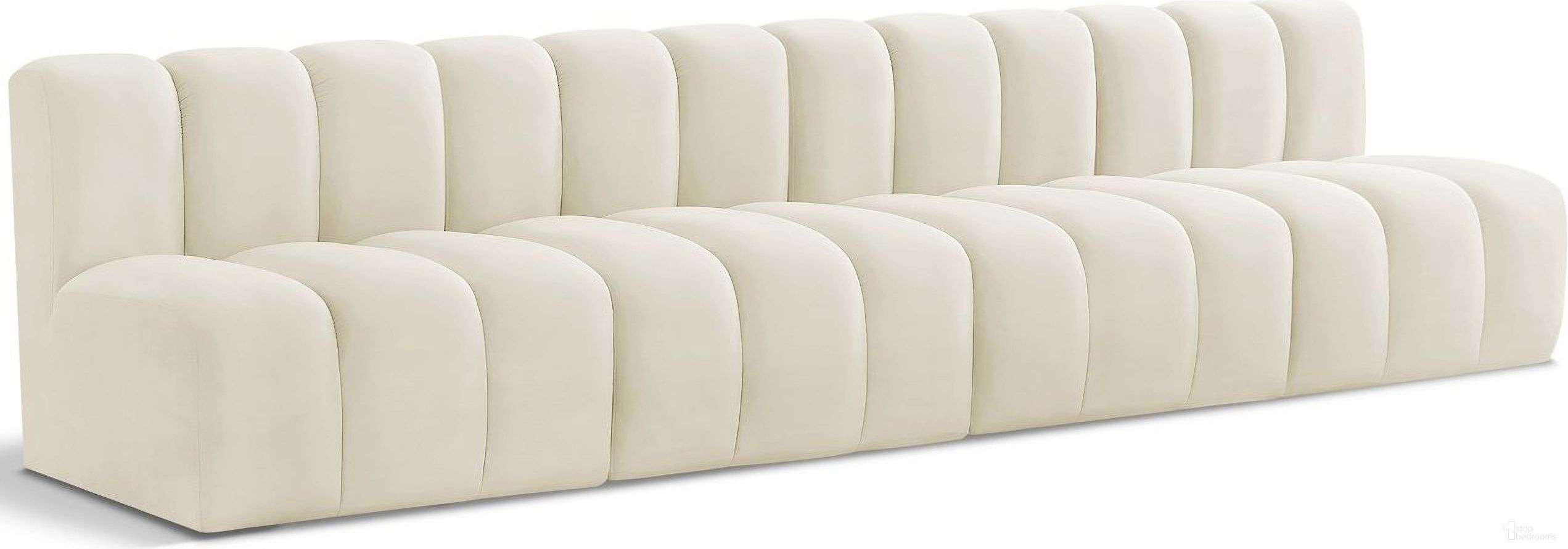 The appearance of Arc 4 Seater Modular Sofa In Cream Velvet designed by Meridian in the modern / contemporary interior design. This cream velvet piece of furniture was selected by 1StopBedrooms from Arc Collection to add a touch of cosiness and style into your home. Sku: 103Cream-ST;103Cream-ST;103Cream-ST;103Cream-ST. Material: Plywood.