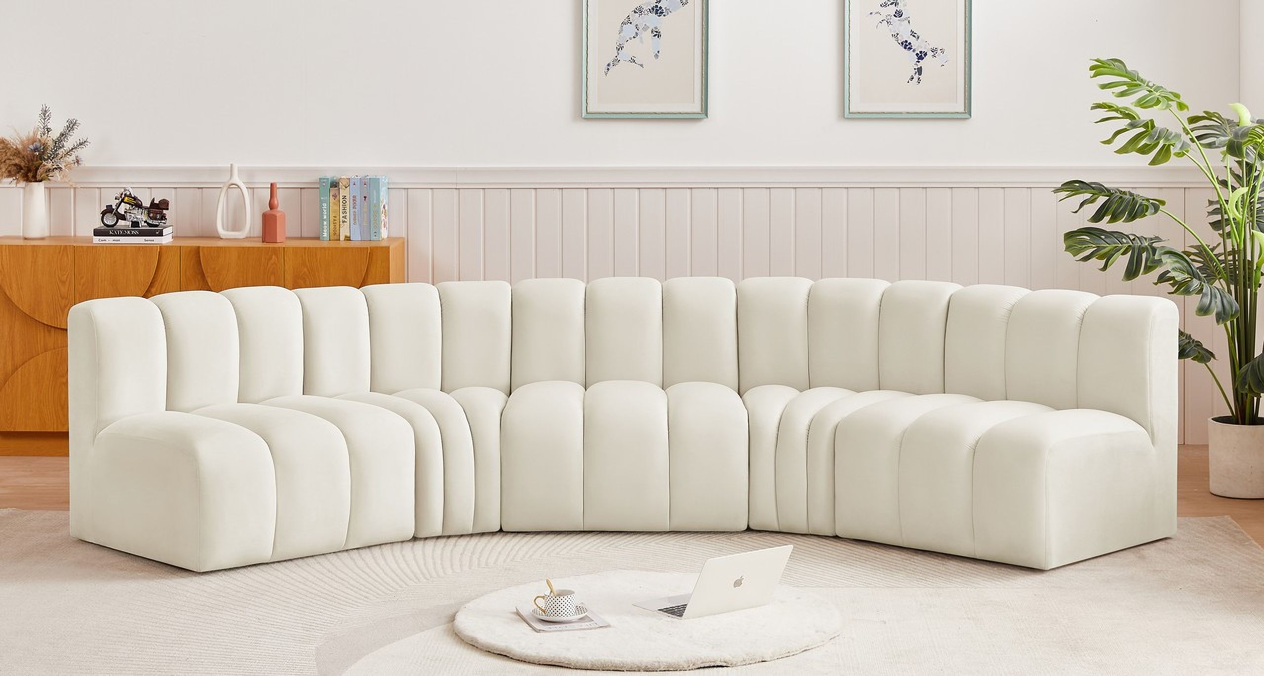Arc 5 Piece Modular Sofa In Cream Velvet