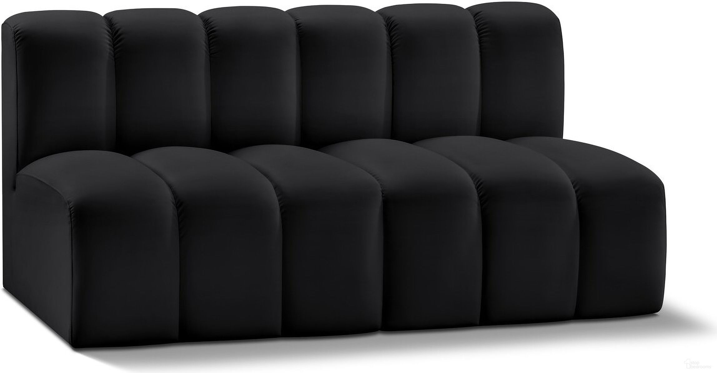 The appearance of Arc Vegan Leather 2 Piece Modular Sofa In Black designed by Meridian in the modern / contemporary interior design. This black piece of furniture  was selected by 1StopBedrooms from Arc Collection to add a touch of cosiness and style into your home. Sku: 101Black-ST;101Black-ST. Material: Plywood.