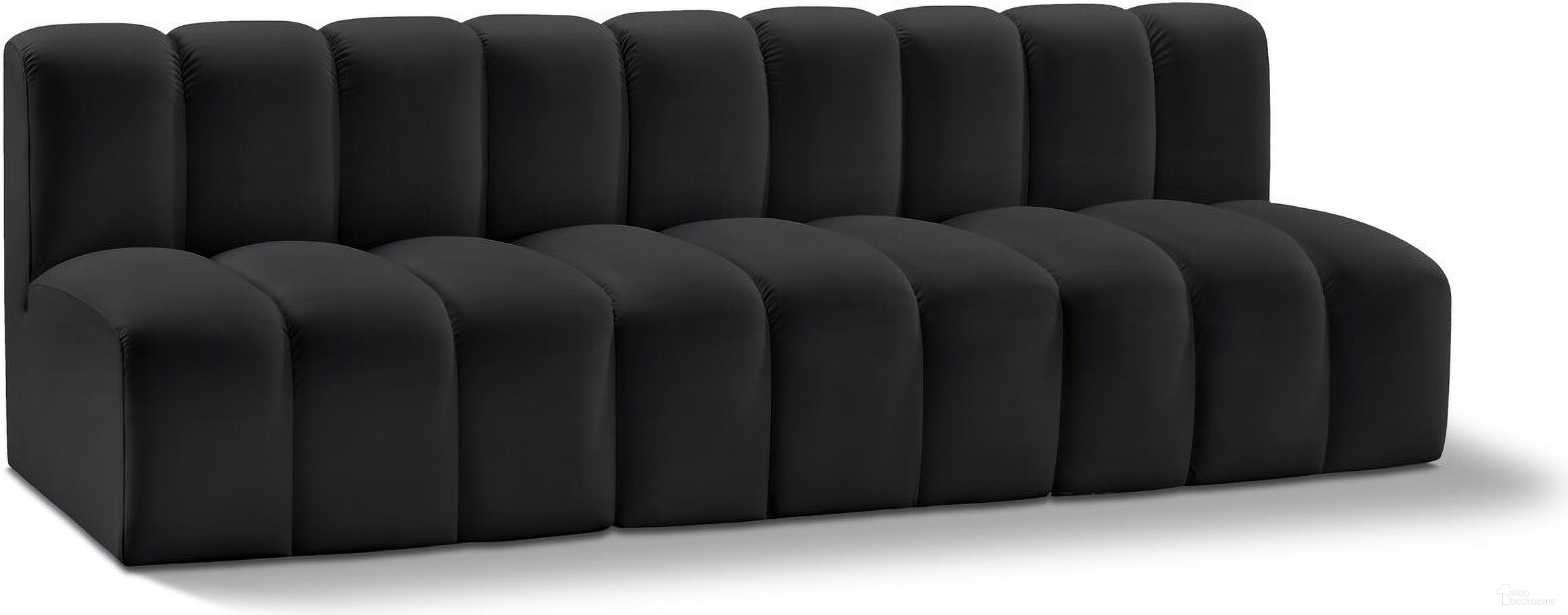 The appearance of Arc Vegan Leather 3 Piece Modular Sofa In Black designed by Meridian in the modern / contemporary interior design. This black piece of furniture  was selected by 1StopBedrooms from Arc Collection to add a touch of cosiness and style into your home. Sku: 101Black-ST;101Black-ST;101Black-ST. Material: Leather.