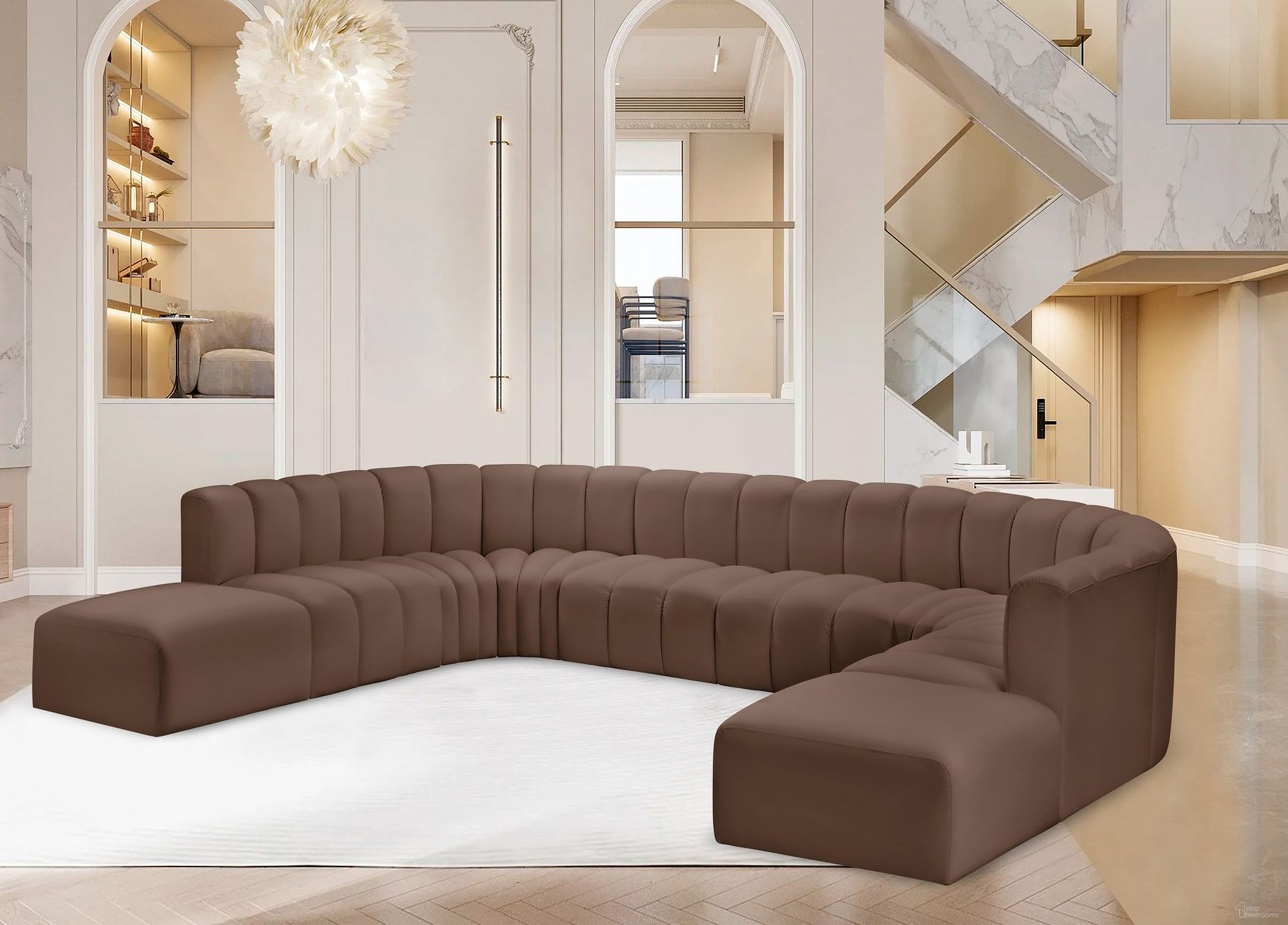 The appearance of Arc Vegan Leather 10 Piece Modular Sofa In Brown designed by Meridian in the modern / contemporary interior design. This brown piece of furniture  was selected by 1StopBedrooms from Arc Collection to add a touch of cosiness and style into your home. Sku: 101Brown-ST;101Brown-ST;101Brown-ST;101Brown-ST;101Brown-CC;101Brown-CC;101Brown-CC;101Brown-CC;101Brown-Ott;101Brown-Ott. Material: Leather. Layout: Modular.
