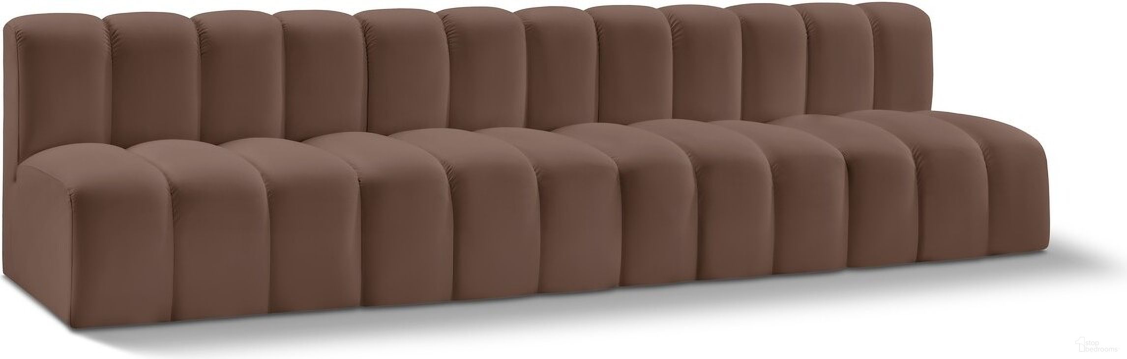 The appearance of Arc Vegan Leather 4 Seater Modular Sofa In Brown designed by Meridian in the modern / contemporary interior design. This brown piece of furniture  was selected by 1StopBedrooms from Arc Collection to add a touch of cosiness and style into your home. Sku: 101Brown-ST;101Brown-ST;101Brown-ST;101Brown-ST. Material: Plywood.
