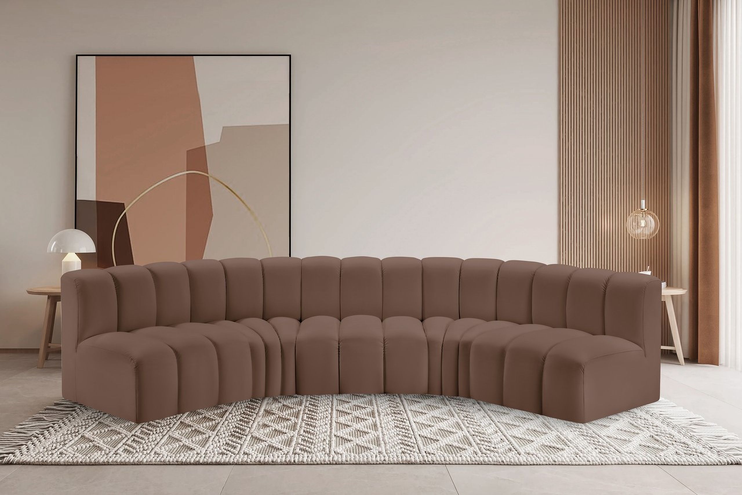 The appearance of Arc Vegan Leather 5 Piece Modular Sofa In Brown designed by Meridian in the modern / contemporary interior design. This brown piece of furniture  was selected by 1StopBedrooms from Arc Collection to add a touch of cosiness and style into your home. Sku: 101Brown-ST;101Brown-ST;101Brown-ST;101Brown-CC;101Brown-CC. Material: Leather. Layout: Modular.