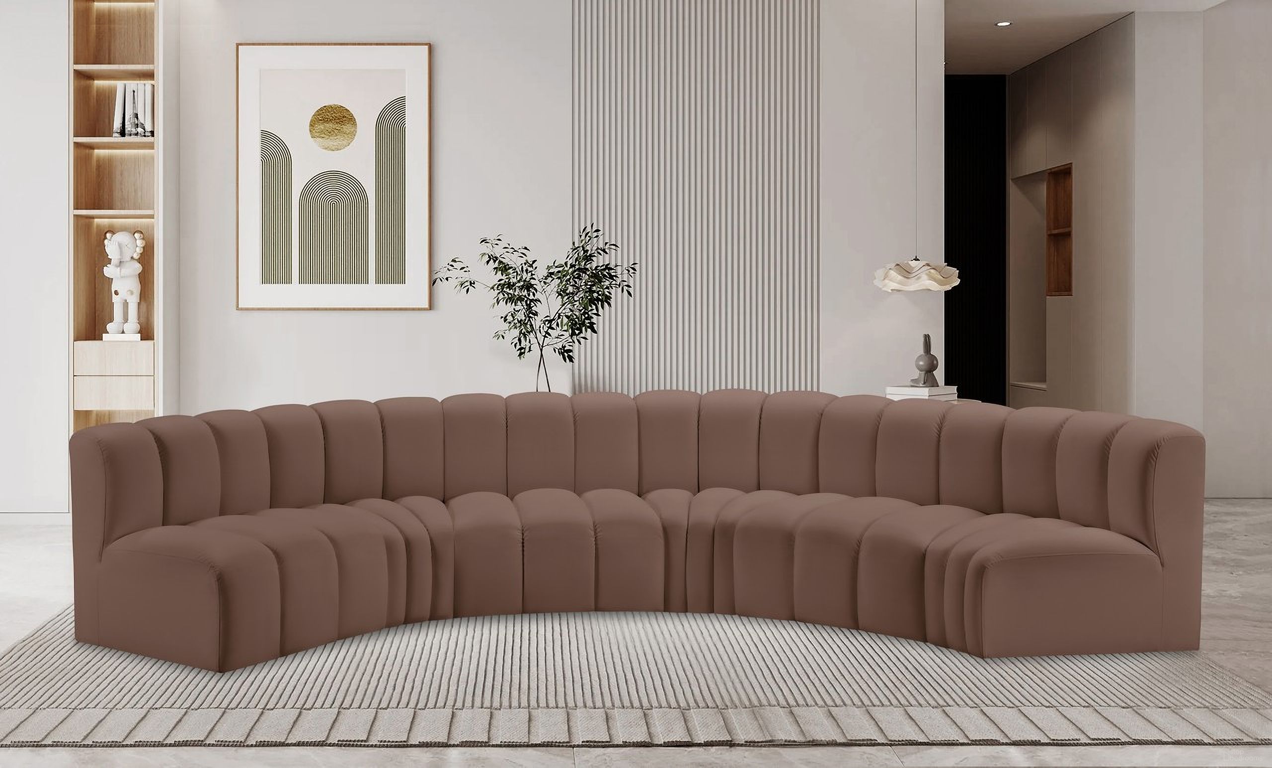 The appearance of Arc Vegan Leather 6 Piece Modular Sofa In Brown designed by Meridian in the modern / contemporary interior design. This brown piece of furniture  was selected by 1StopBedrooms from Arc Collection to add a touch of cosiness and style into your home. Sku: 101Brown-ST;101Brown-ST;101Brown-ST;101Brown-CC;101Brown-CC;101Brown-CC. Material: Leather. Layout: Modular.