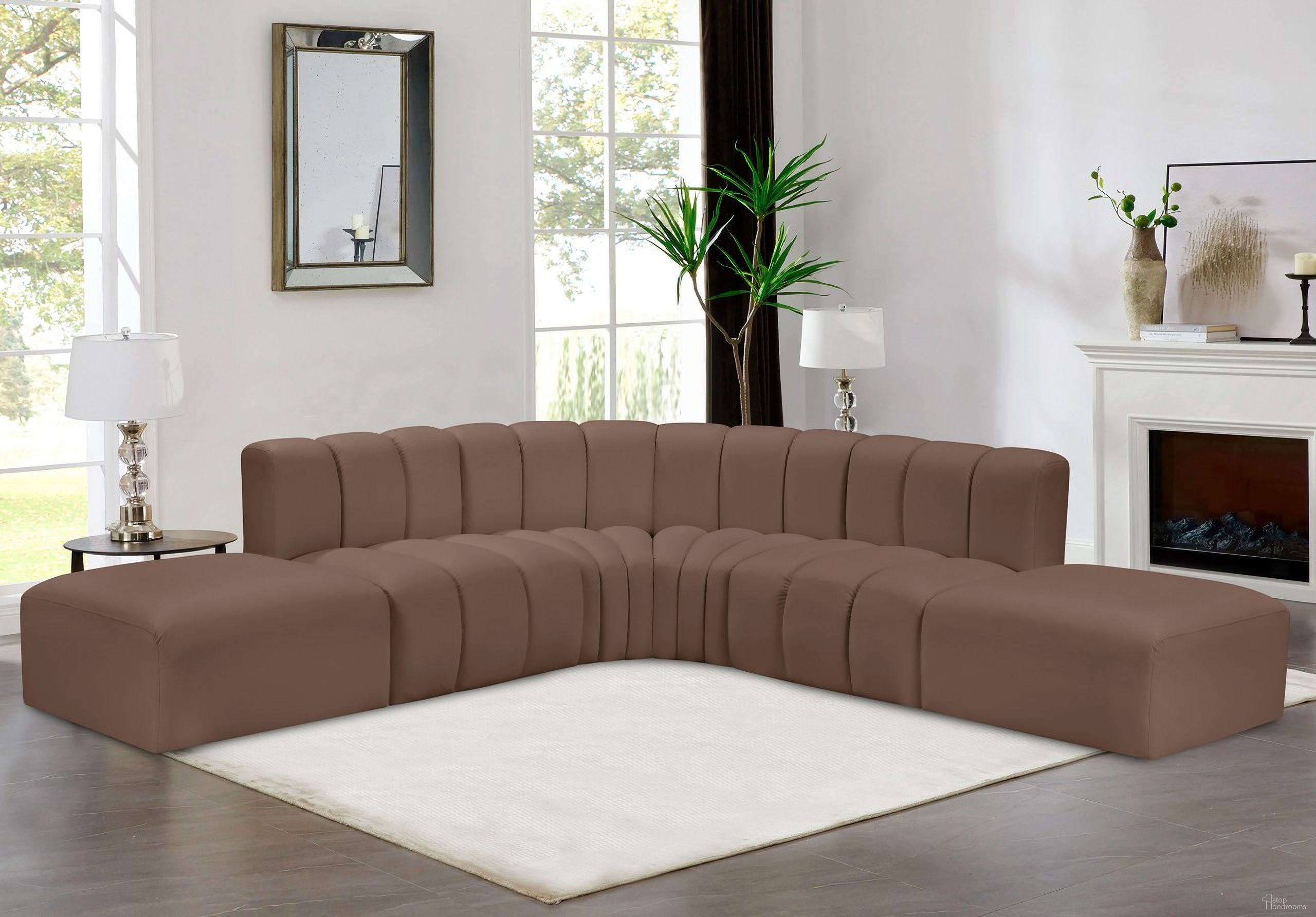 The appearance of Arc Vegan Leather 6 Piece Modular Sofa In Brown designed by Meridian in the modern / contemporary interior design. This brown piece of furniture  was selected by 1StopBedrooms from Arc Collection to add a touch of cosiness and style into your home. Sku: 101Brown-ST;101Brown-ST;101Brown-CC;101Brown-CC;101Brown-Ott;101Brown-Ott. Material: Leather. Layout: Modular.