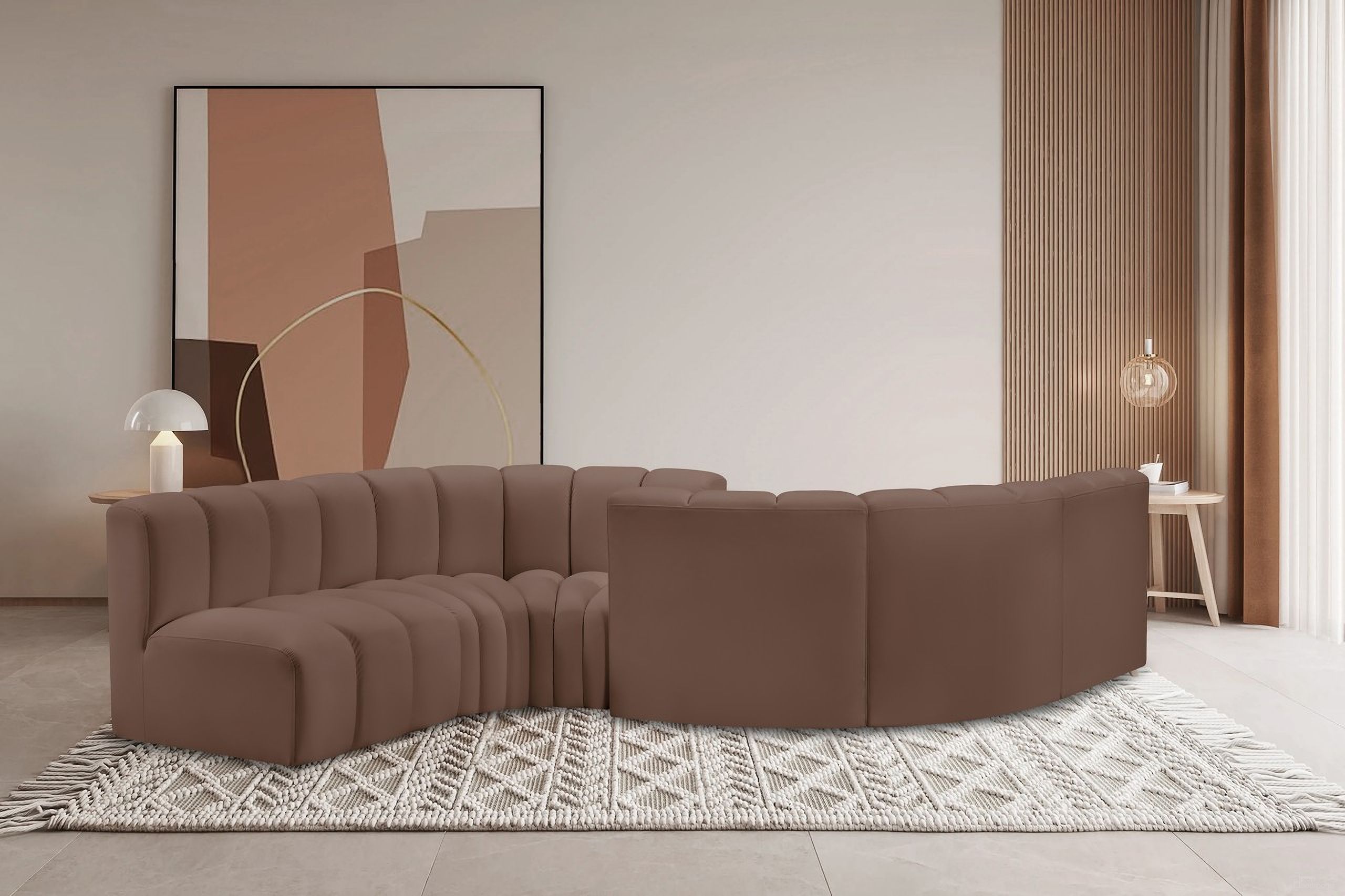 The appearance of Arc Vegan Leather 6 Piece Modular Sofa In Brown designed by Meridian in the modern / contemporary interior design. This brown piece of furniture  was selected by 1StopBedrooms from Arc Collection to add a touch of cosiness and style into your home. Sku: 101Brown-ST;101Brown-ST;101Brown-CC;101Brown-CC;101Brown-CC;101Brown-CC. Material: Leather. Layout: Modular.