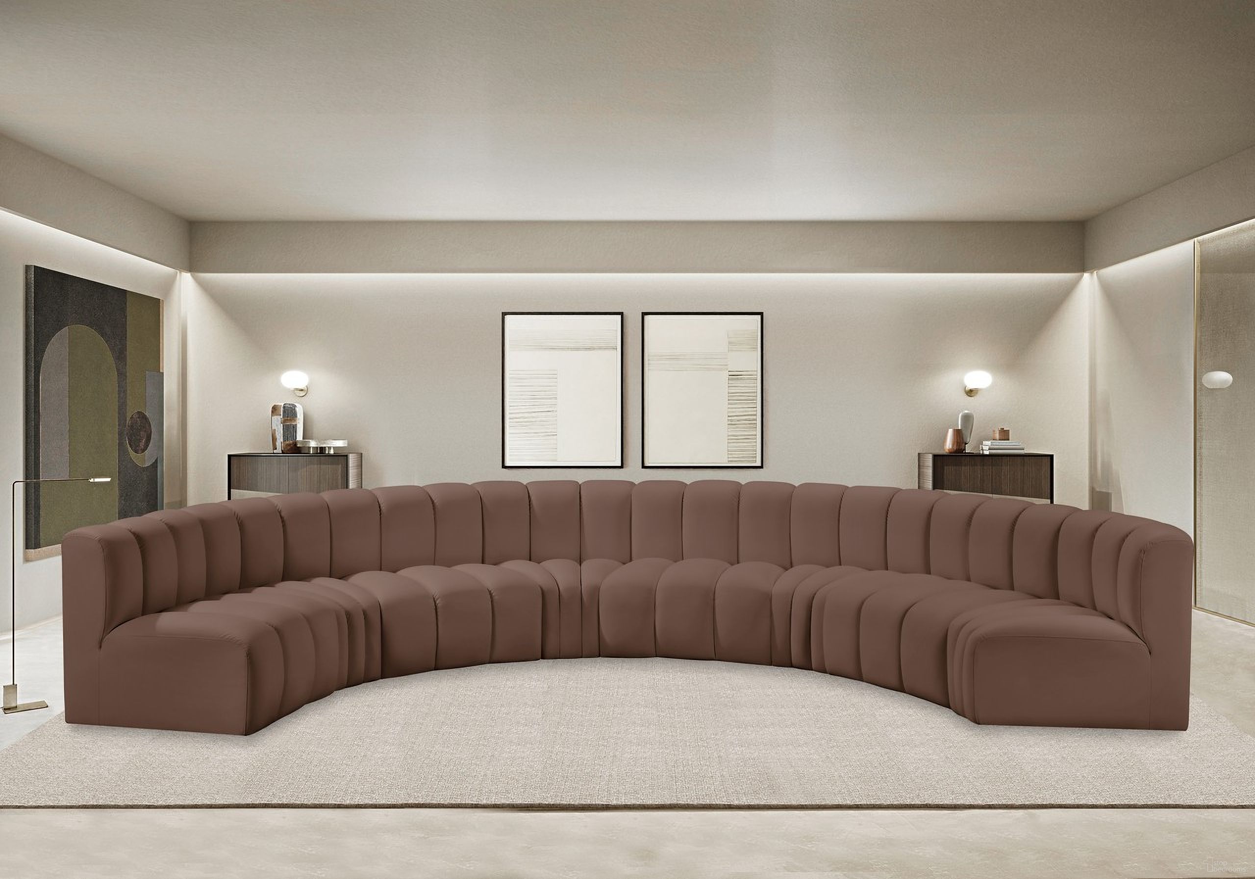 The appearance of Arc Vegan Leather 8 Piece Modular Sofa In Brown designed by Meridian in the modern / contemporary interior design. This brown piece of furniture  was selected by 1StopBedrooms from Arc Collection to add a touch of cosiness and style into your home. Sku: 101Brown-ST;101Brown-ST;101Brown-ST;101Brown-ST;101Brown-CC;101Brown-CC;101Brown-CC;101Brown-CC. Material: Leather. Layout: Modular.