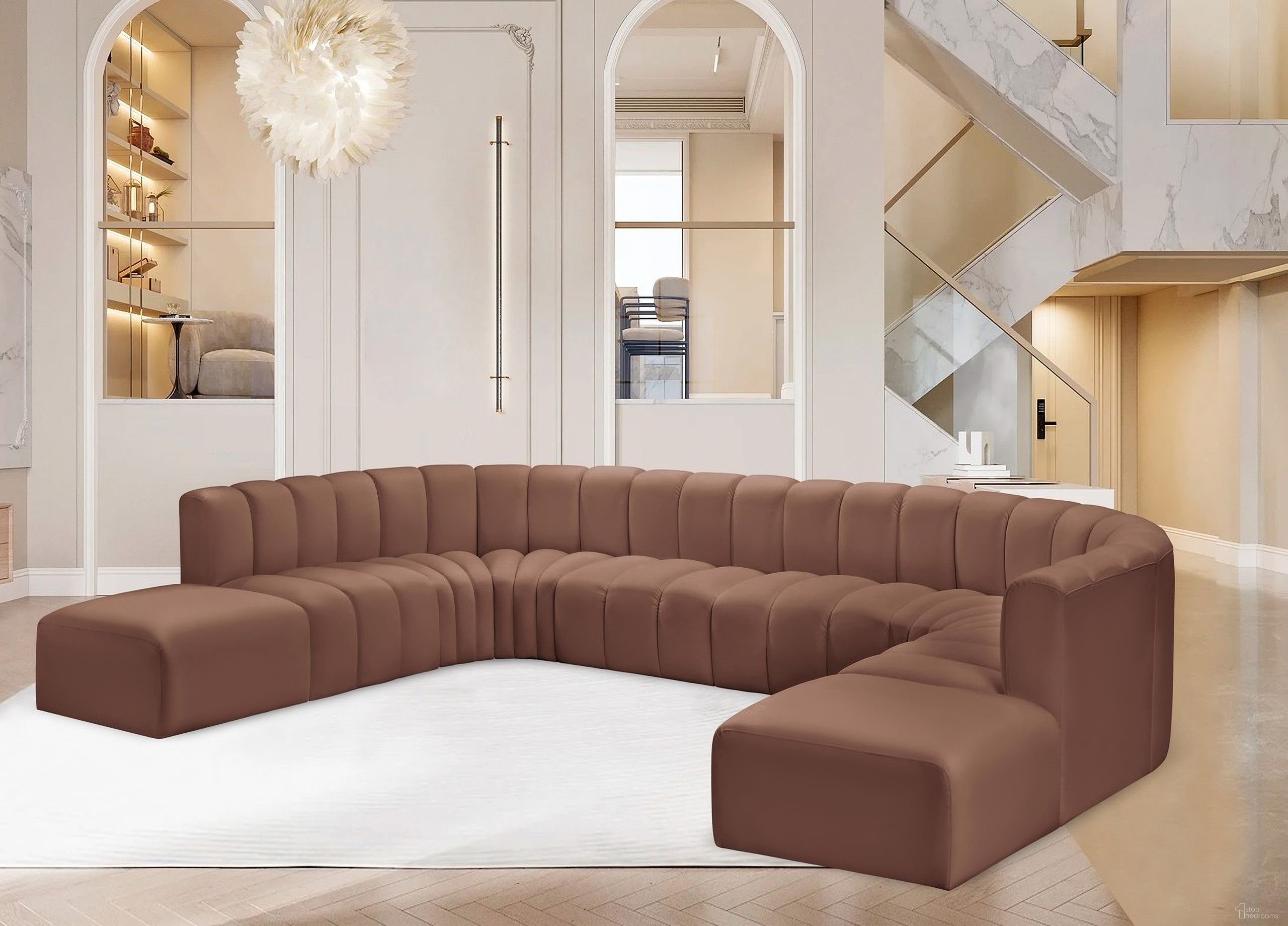 The appearance of Arc Vegan Leather 10 Piece Modular Sofa In Cognac designed by Meridian in the modern / contemporary interior design. This cognac piece of furniture  was selected by 1StopBedrooms from Arc Collection to add a touch of cosiness and style into your home. Sku: 101Cognac-ST;101Cognac-ST;101Cognac-ST;101Cognac-ST;101Cognac-CC;101Cognac-CC;101Cognac-CC;101Cognac-CC;101Cognac-Ott;101Cognac-Ott. Material: Leather. Layout: Modular.