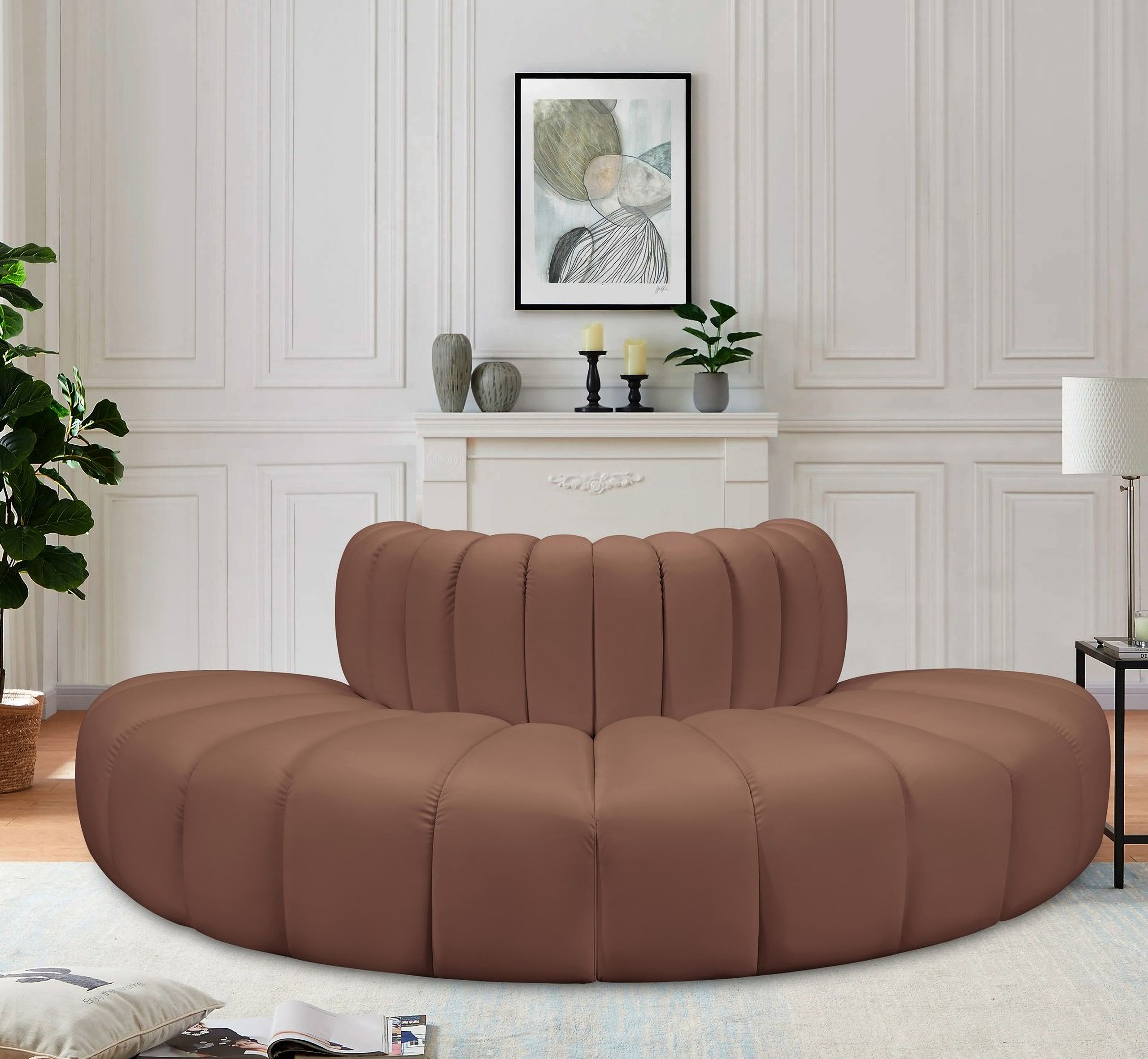 The appearance of Arc Vegan Leather 4 Piece Modular Sofa In Cognac designed by Meridian in the modern / contemporary interior design. This cognac piece of furniture  was selected by 1StopBedrooms from Arc Collection to add a touch of cosiness and style into your home. Sku: 101Cognac-RC;101Cognac-RC;101Cognac-RC;101Cognac-RC. Material: Leather. Layout: Modular.