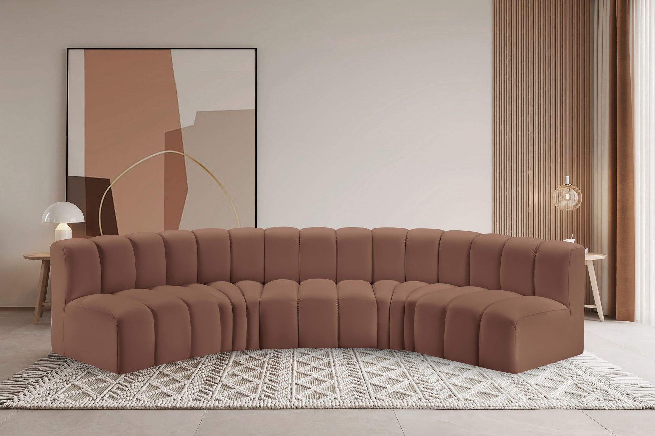 The appearance of Arc Vegan Leather 5 Piece Modular Sofa In Cognac designed by Meridian in the modern / contemporary interior design. This cognac piece of furniture  was selected by 1StopBedrooms from Arc Collection to add a touch of cosiness and style into your home. Sku: 101Cognac-ST;101Cognac-ST;101Cognac-ST;101Cognac-CC;101Cognac-CC. Material: Leather. Layout: Modular.