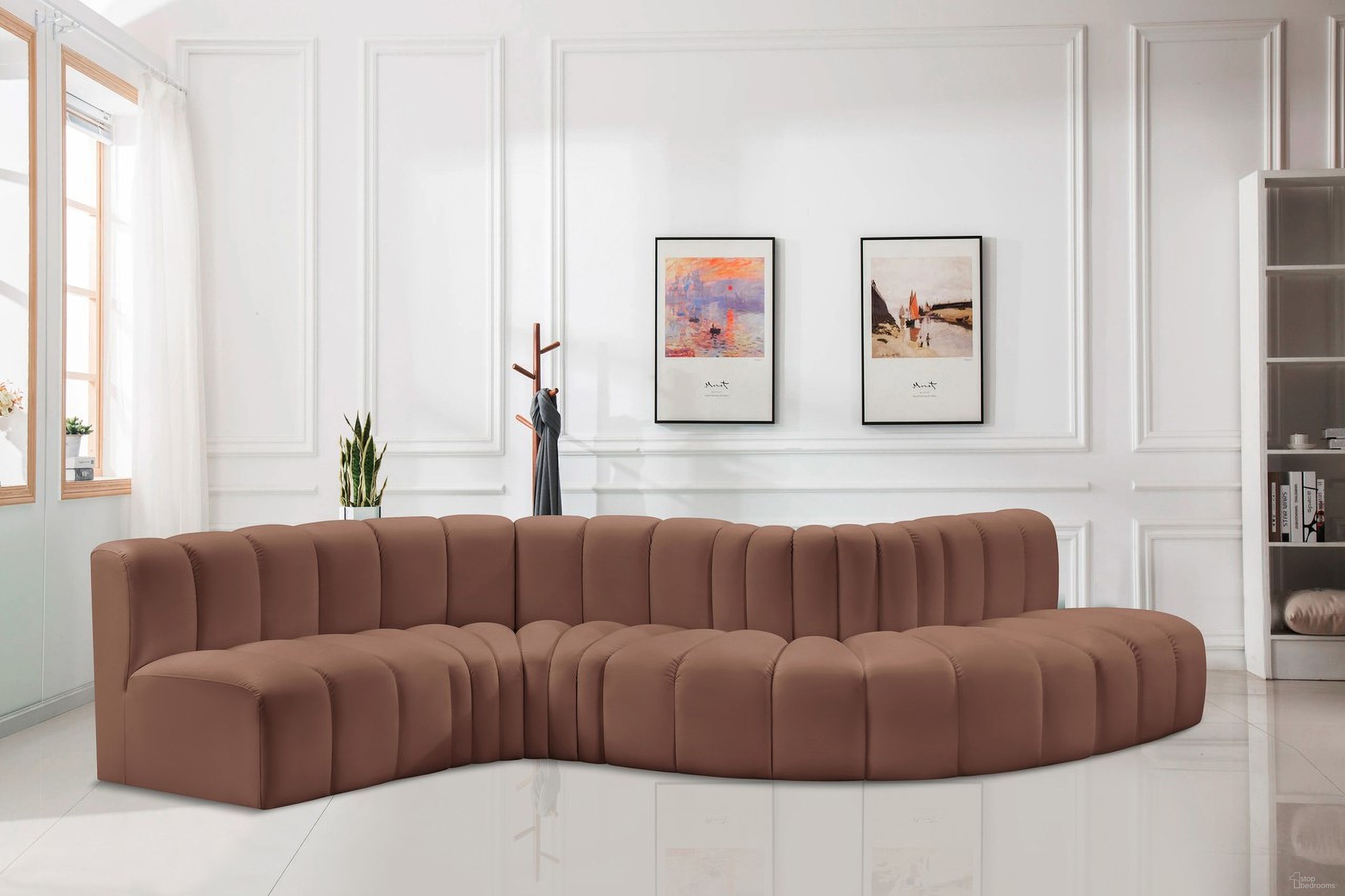The appearance of Arc Vegan Leather 6 Piece Modular Sofa In Cognac designed by Meridian in the modern / contemporary interior design. This cognac piece of furniture  was selected by 1StopBedrooms from Arc Collection to add a touch of cosiness and style into your home. Sku: 101Cognac-ST;101Cognac-ST;101Cognac-CC;101Cognac-CC;101Cognac-RC;101Cognac-RC. Material: Leather. Layout: Modular.