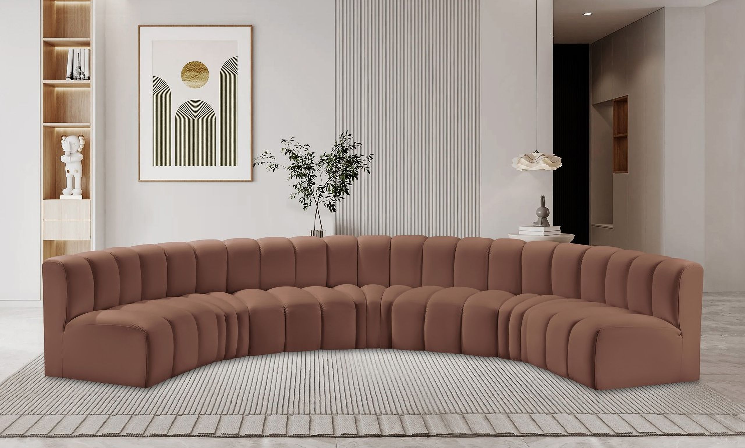 The appearance of Arc Vegan Leather 7 Piece Modular Sofa In Cognac designed by Meridian in the modern / contemporary interior design. This cognac piece of furniture  was selected by 1StopBedrooms from Arc Collection to add a touch of cosiness and style into your home. Sku: 101Cognac-ST;101Cognac-ST;101Cognac-ST;101Cognac-ST;101Cognac-CC;101Cognac-CC;101Cognac-CC. Material: Leather. Layout: Modular.