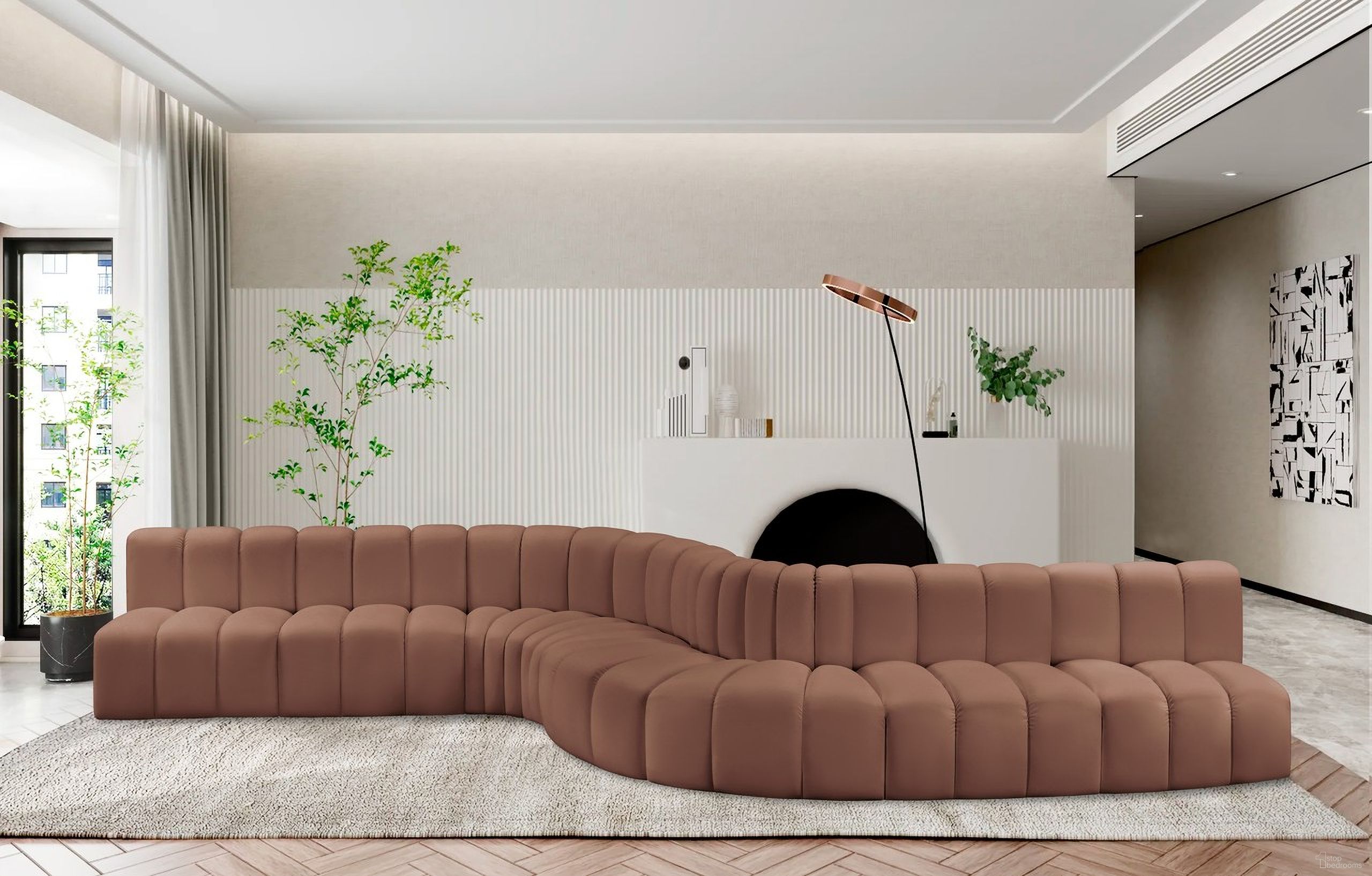 The appearance of Arc Vegan Leather 8 Piece Modular Sofa In Cognac designed by Meridian in the modern / contemporary interior design. This cognac piece of furniture  was selected by 1StopBedrooms from Arc Collection to add a touch of cosiness and style into your home. Sku: 101Cognac-ST;101Cognac-ST;101Cognac-ST;101Cognac-ST;101Cognac-CC;101Cognac-CC;101Cognac-RC;101Cognac-RC. Material: Leather. Layout: Modular.