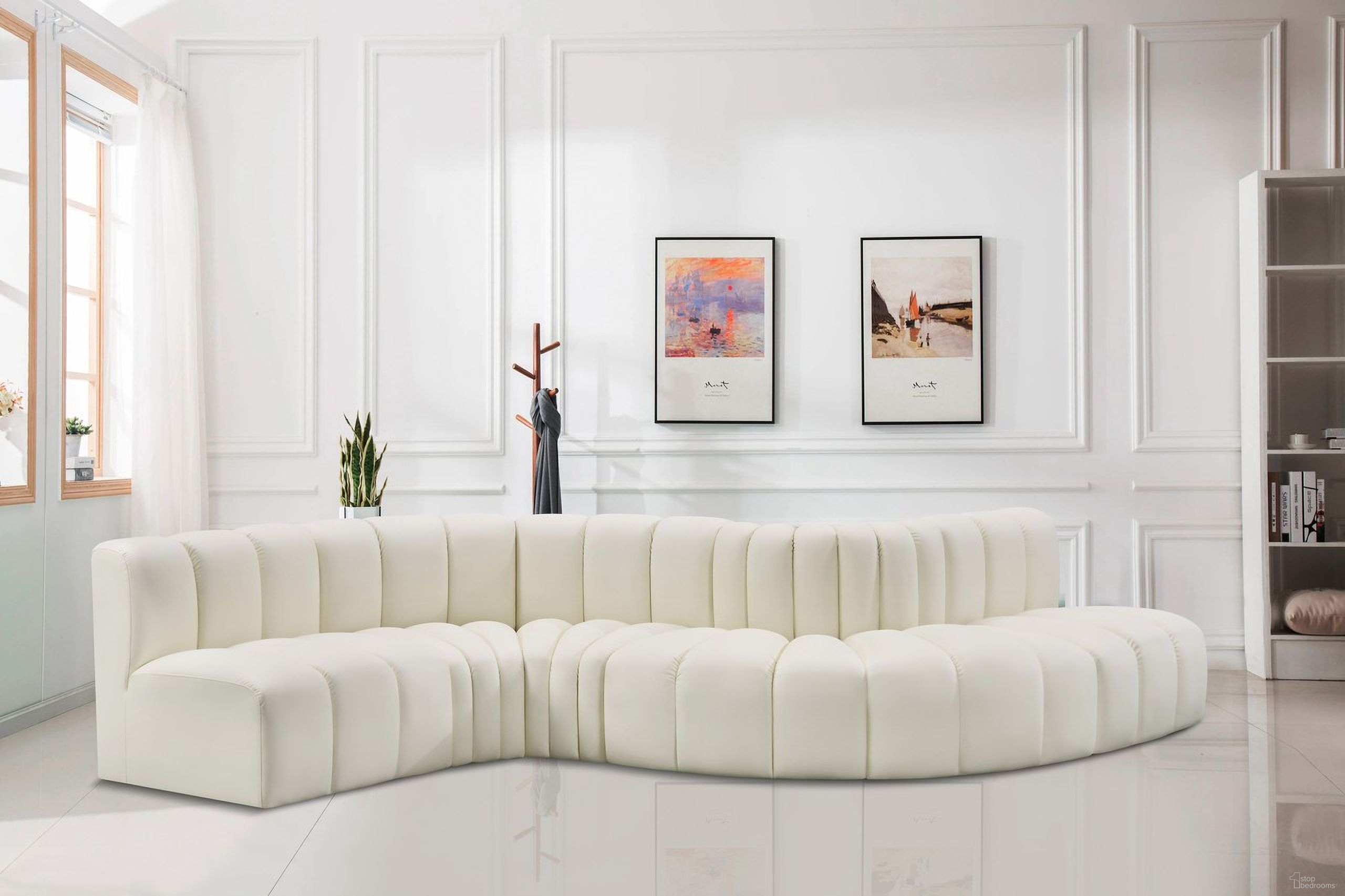 The appearance of Arc Vegan Leather 6 Piece Modular Sofa In Cream designed by Meridian in the modern / contemporary interior design. This cream piece of furniture was selected by 1StopBedrooms from Arc Collection to add a touch of cosiness and style into your home. Sku: 101Cream-ST;101Cream-ST;101Cream-CC;101Cream-CC;101Cream-RC;101Cream-RC. Material: Leather. Layout: Modular.