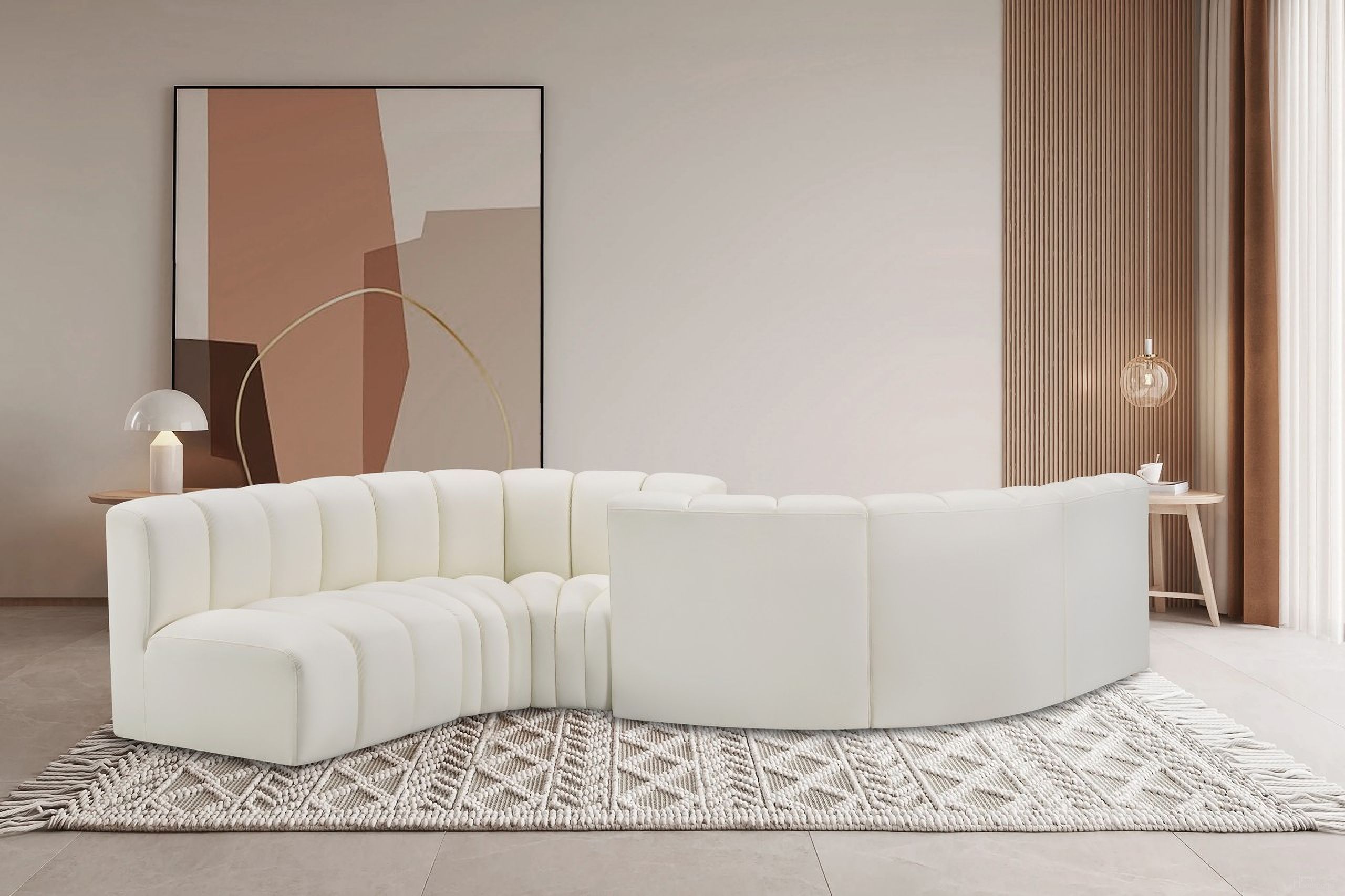 The appearance of Arc Vegan Leather 6 Piece Modular Sofa In Cream designed by Meridian in the modern / contemporary interior design. This cream piece of furniture was selected by 1StopBedrooms from Arc Collection to add a touch of cosiness and style into your home. Sku: 101Cream-ST;101Cream-ST;101Cream-CC;101Cream-CC;101Cream-CC;101Cream-CC. Material: Leather. Layout: Modular.