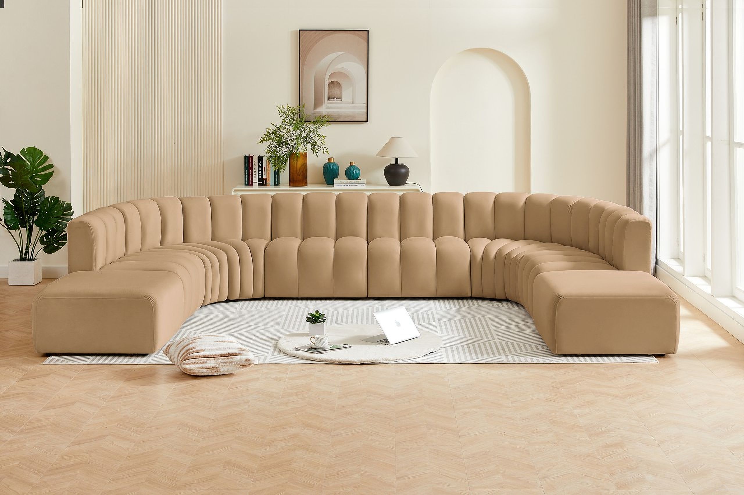 The appearance of Arc Velvet 10 Piece Modular Sofa In Camel designed by Meridian in the modern / contemporary interior design. This camel piece of furniture was selected by 1StopBedrooms from Arc Collection to add a touch of cosiness and style into your home. Sku: 103Camel-ST;103Camel-ST;103Camel-ST;103Camel-ST;103Camel-CC;103Camel-CC;103Camel-CC;103Camel-CC;103Camel-Ott;103Camel-Ott. Material: Velvet. Layout: Modular.