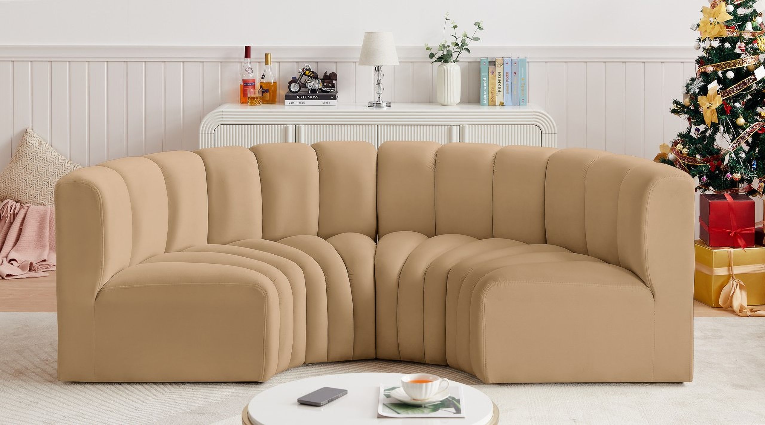 The appearance of Arc Velvet 4 Piece Modular Sofa In Camel designed by Meridian in the modern / contemporary interior design. This camel piece of furniture was selected by 1StopBedrooms from Arc Collection to add a touch of cosiness and style into your home. Sku: 103Camel-CC;103Camel-CC;103Camel-CC;103Camel-CC. Material: Velvet. Layout: Modular.