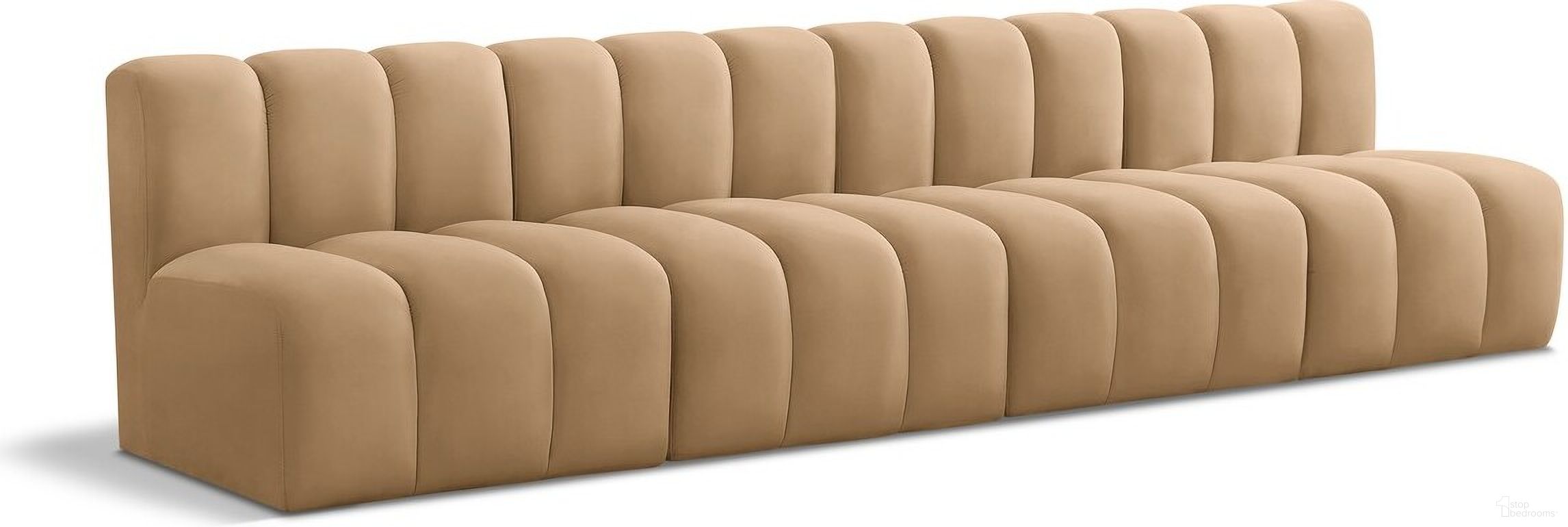 The appearance of Arc Velvet 4 Seater Modular Sofa In Camel designed by Meridian in the modern / contemporary interior design. This camel piece of furniture  was selected by 1StopBedrooms from Arc Collection to add a touch of cosiness and style into your home. Sku: 103Camel-ST;103Camel-ST;103Camel-ST;103Camel-ST. Material: Velvet.