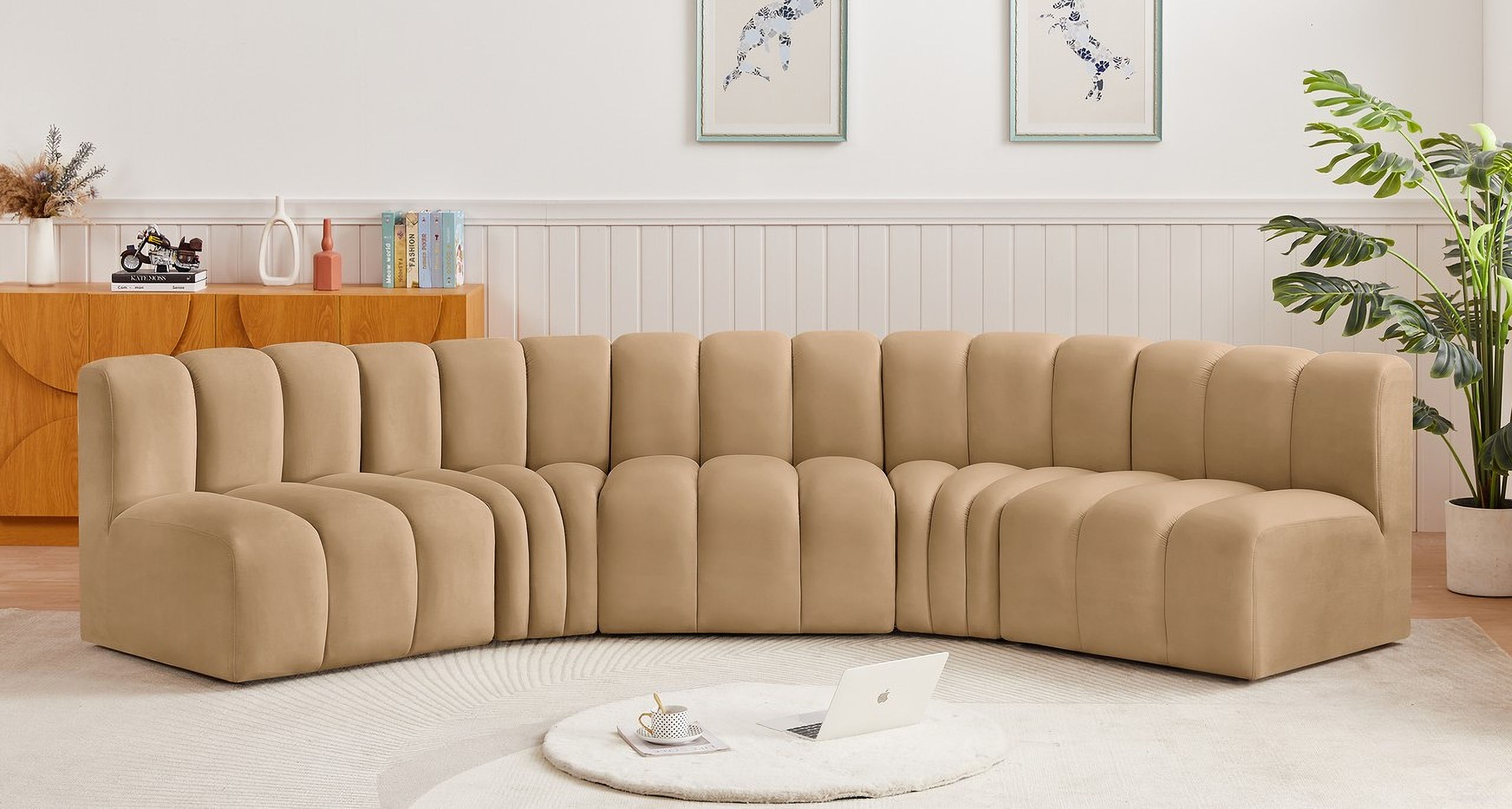 Arc Velvet 5 Piece Modular Sofa In Camel