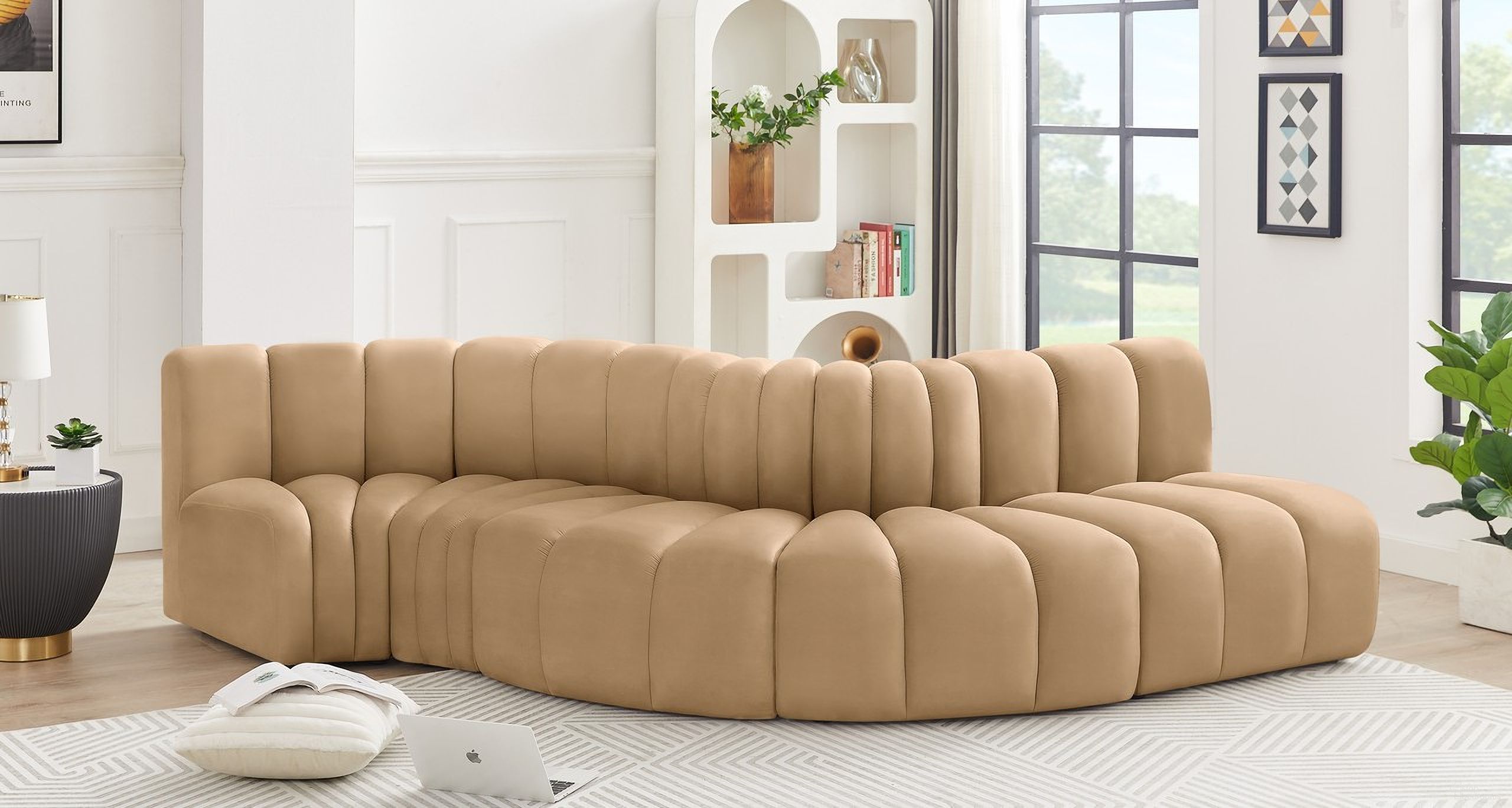 Arc Velvet 5 Piece Modular Sofa In Camel