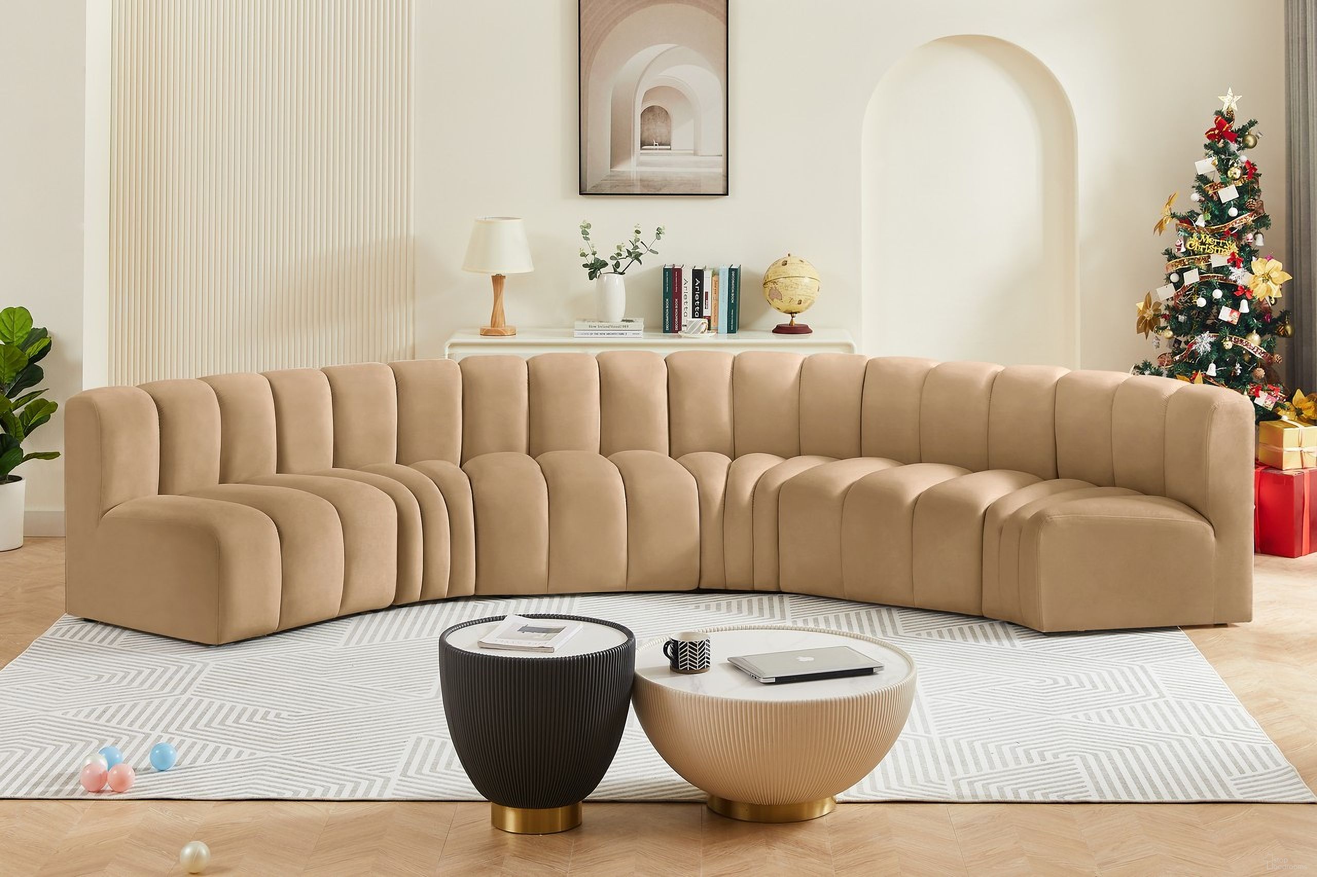 The appearance of Arc Velvet 6 Piece Modular Sofa In Camel designed by Meridian in the modern / contemporary interior design. This camel piece of furniture  was selected by 1StopBedrooms from Arc Collection to add a touch of cosiness and style into your home. Sku: 103Camel-ST;103Camel-ST;103Camel-ST;103Camel-CC;103Camel-CC;103Camel-CC. Material: Velvet. Layout: Modular.