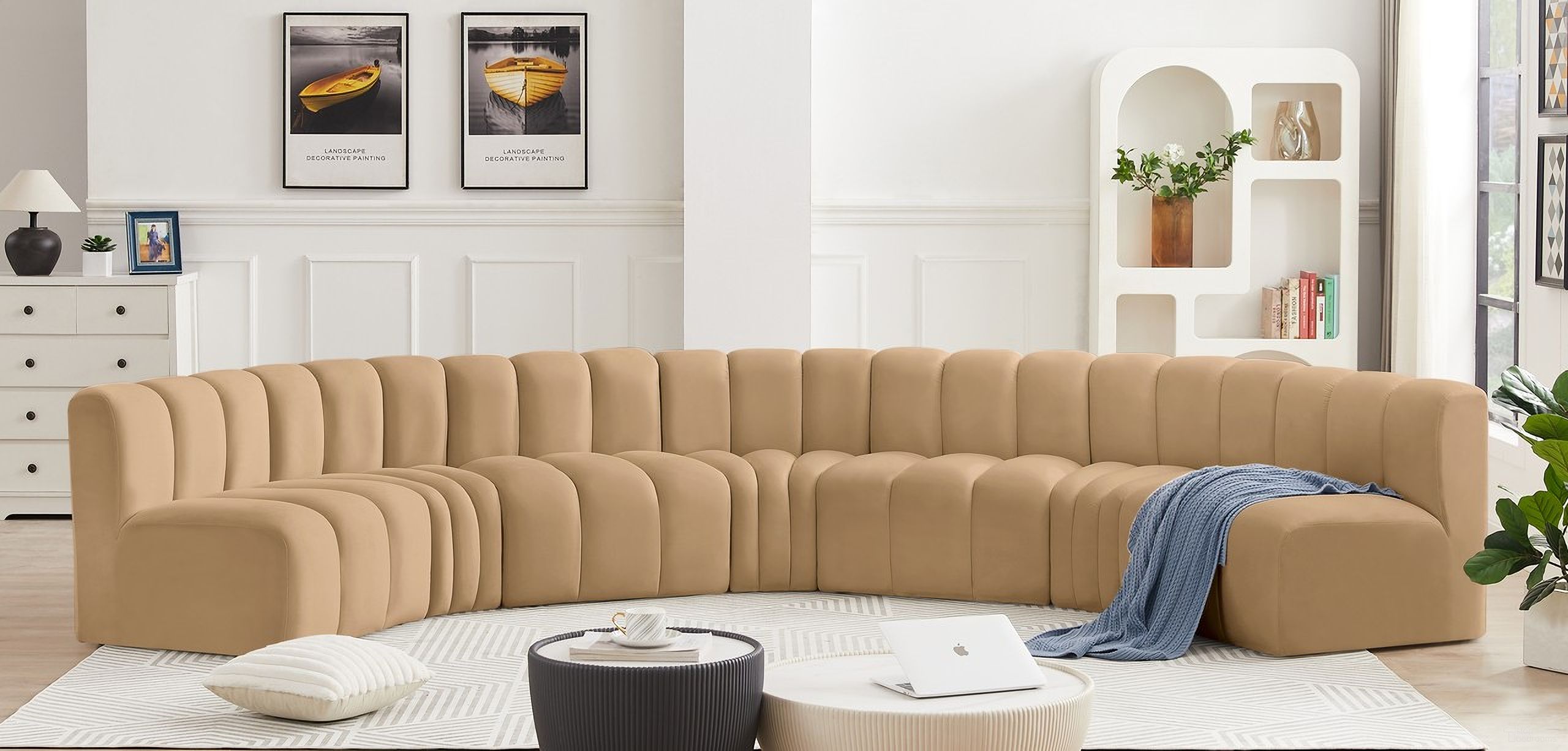 The appearance of Arc Velvet 7 Piece Modular Sofa In Camel designed by Meridian in the modern / contemporary interior design. This camel piece of furniture  was selected by 1StopBedrooms from Arc Collection to add a touch of cosiness and style into your home. Sku: 103Camel-ST;103Camel-ST;103Camel-ST;103Camel-ST;103Camel-CC;103Camel-CC;103Camel-CC. Material: Velvet. Layout: Modular.